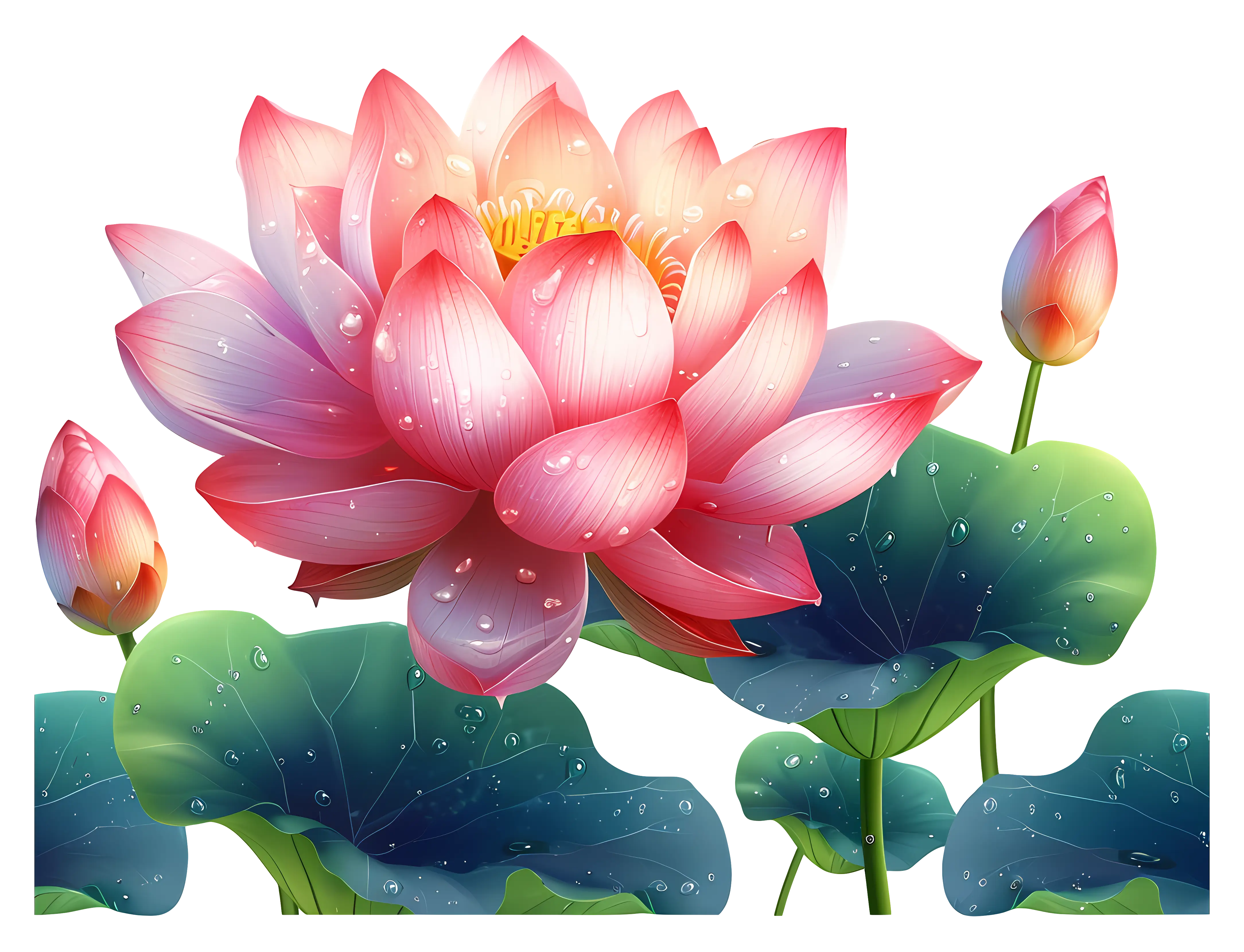 Beautiful Pink Lotus with Leaves Illustration