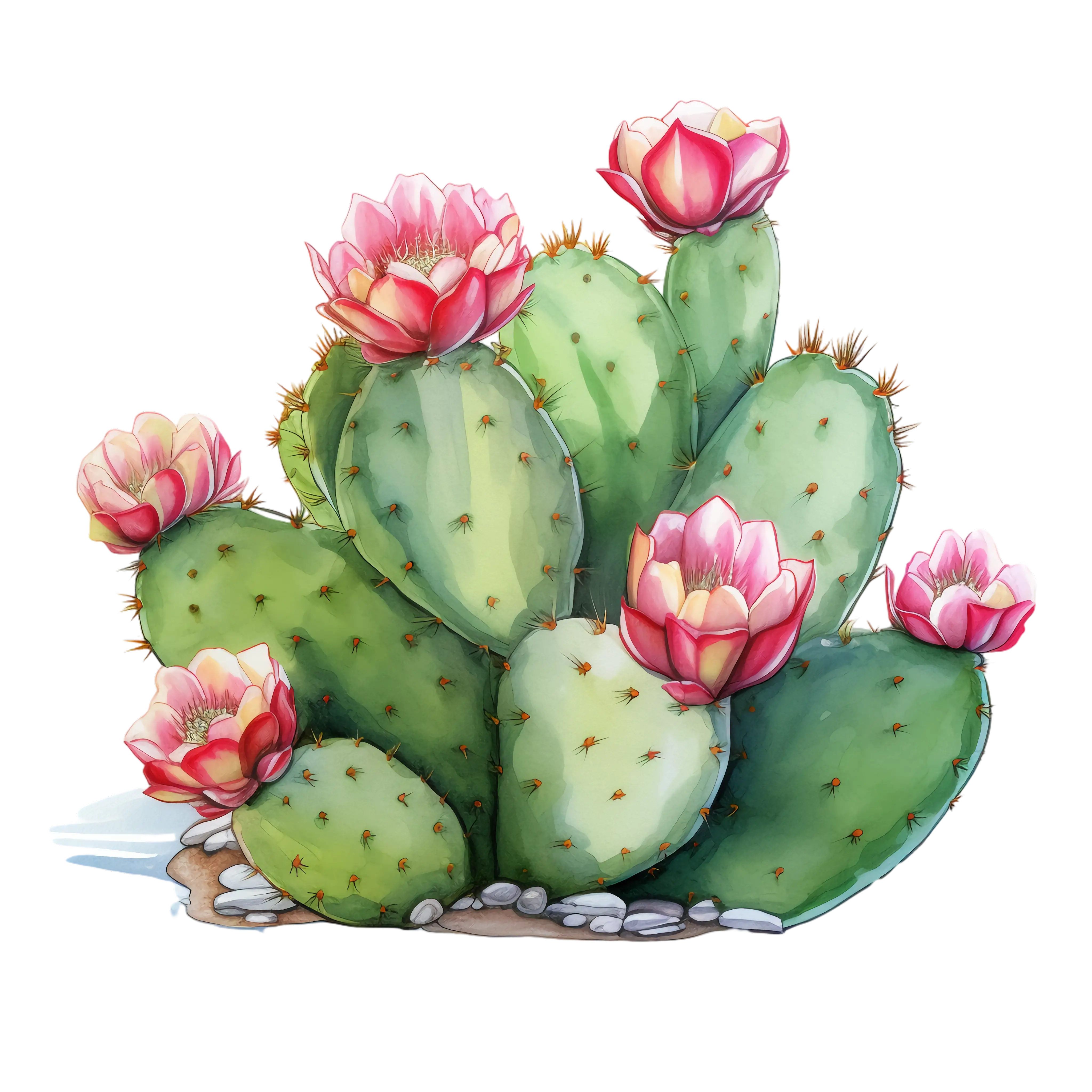 Blooming Cactus with Pink Flowers Illustration