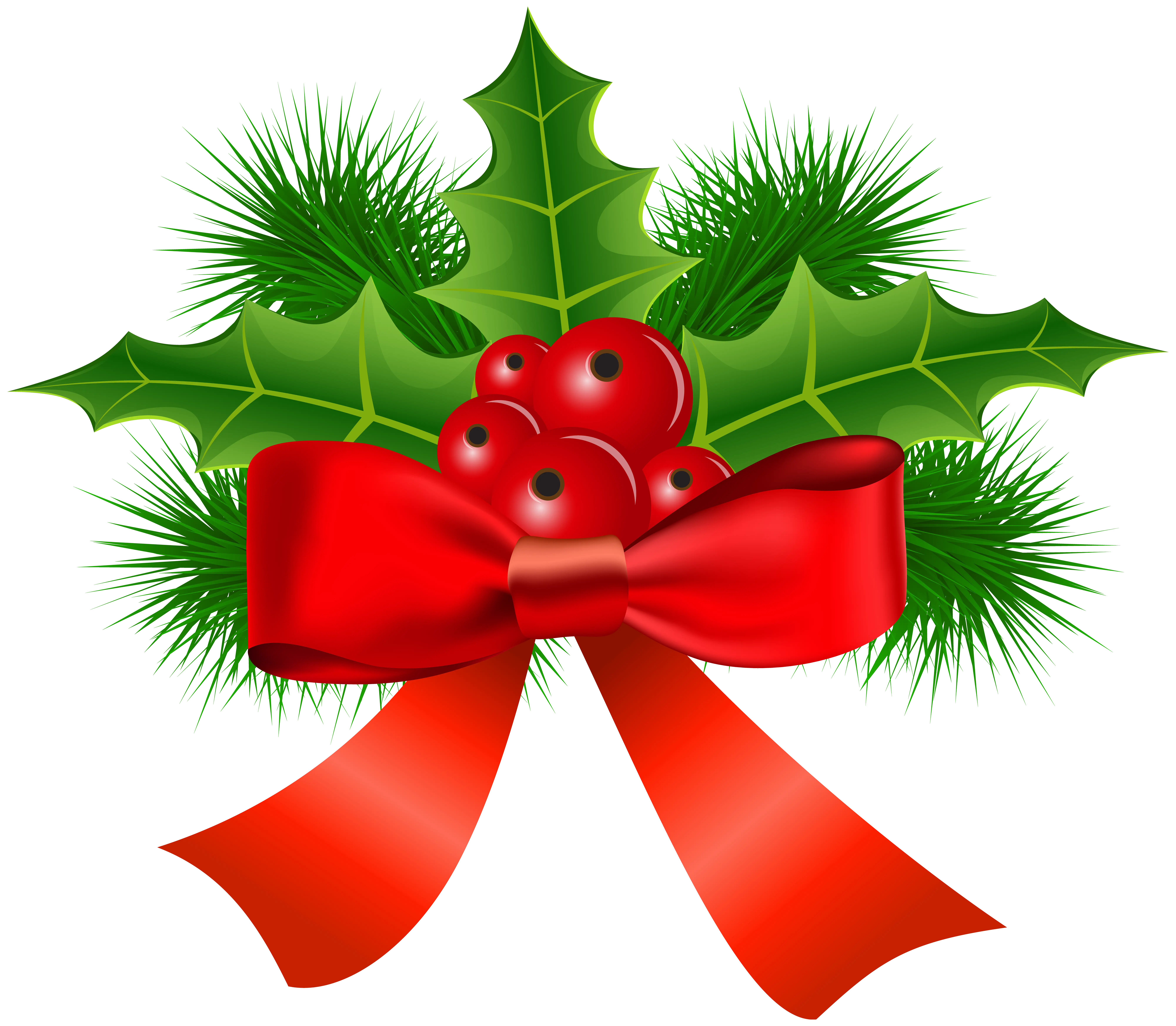 Festive Holly Decoration with Red Ribbon for Christmas