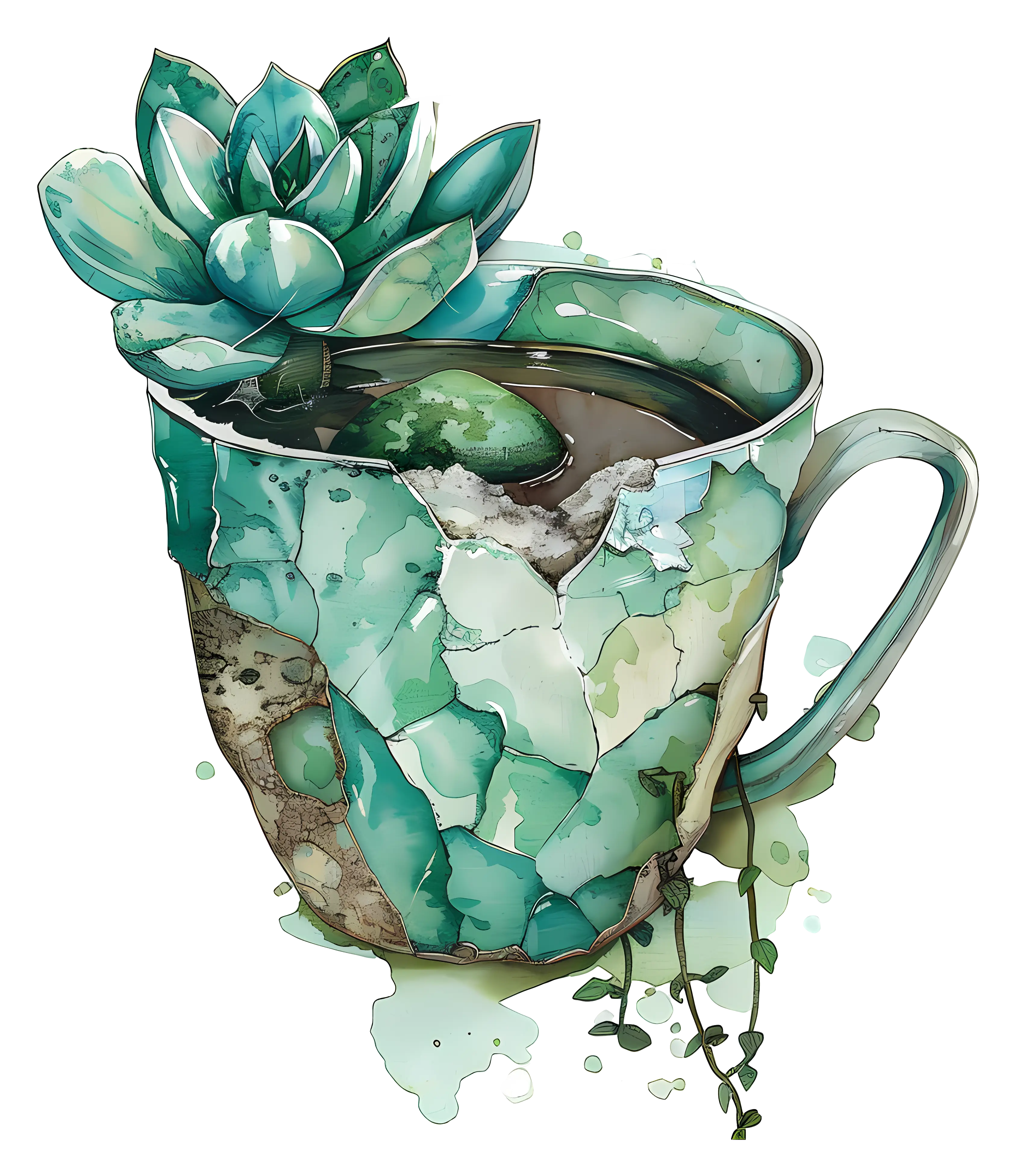 Succulent in Broken Cup Illustration