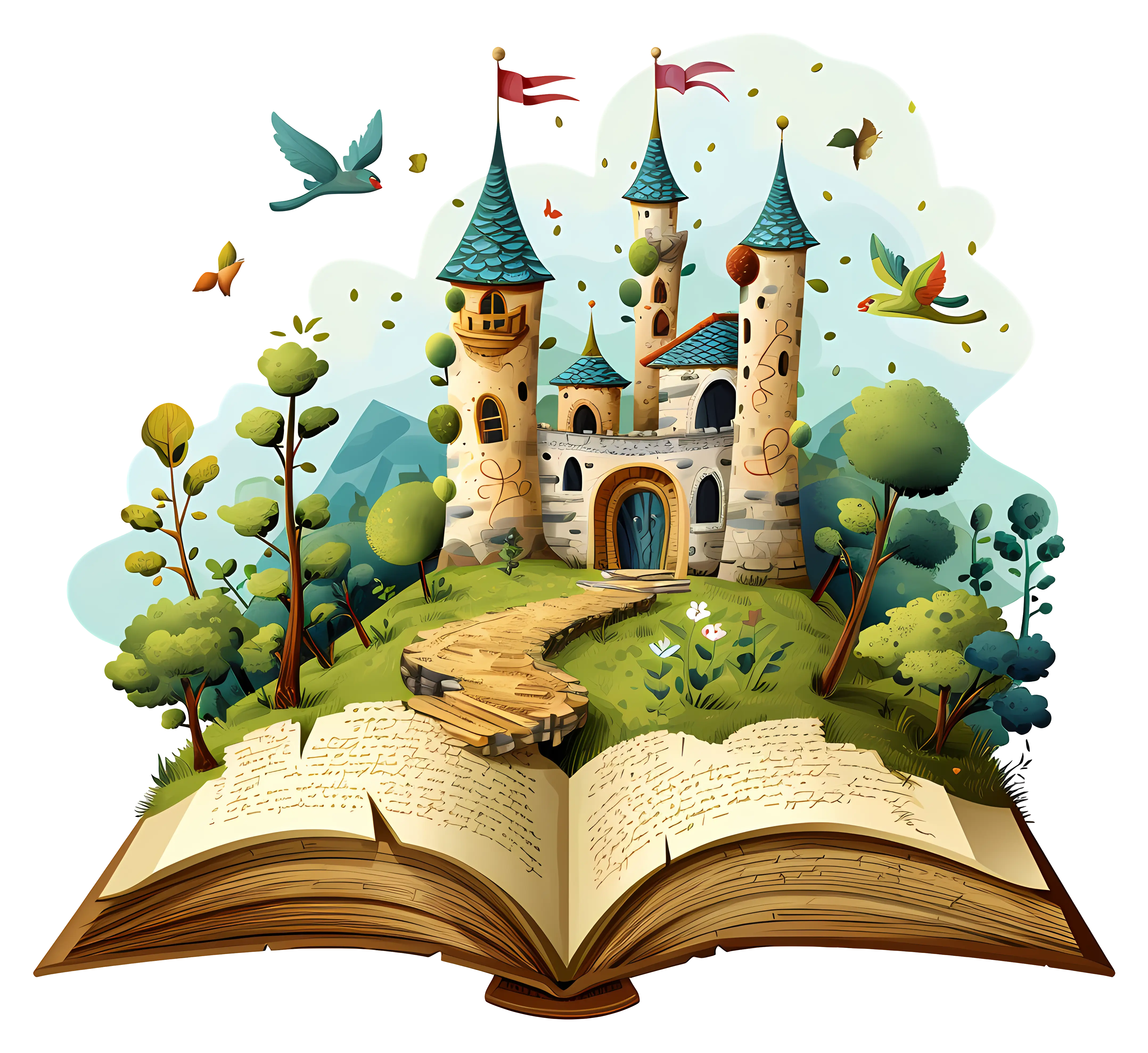 Open Storybook with Fairy Castle Illustration