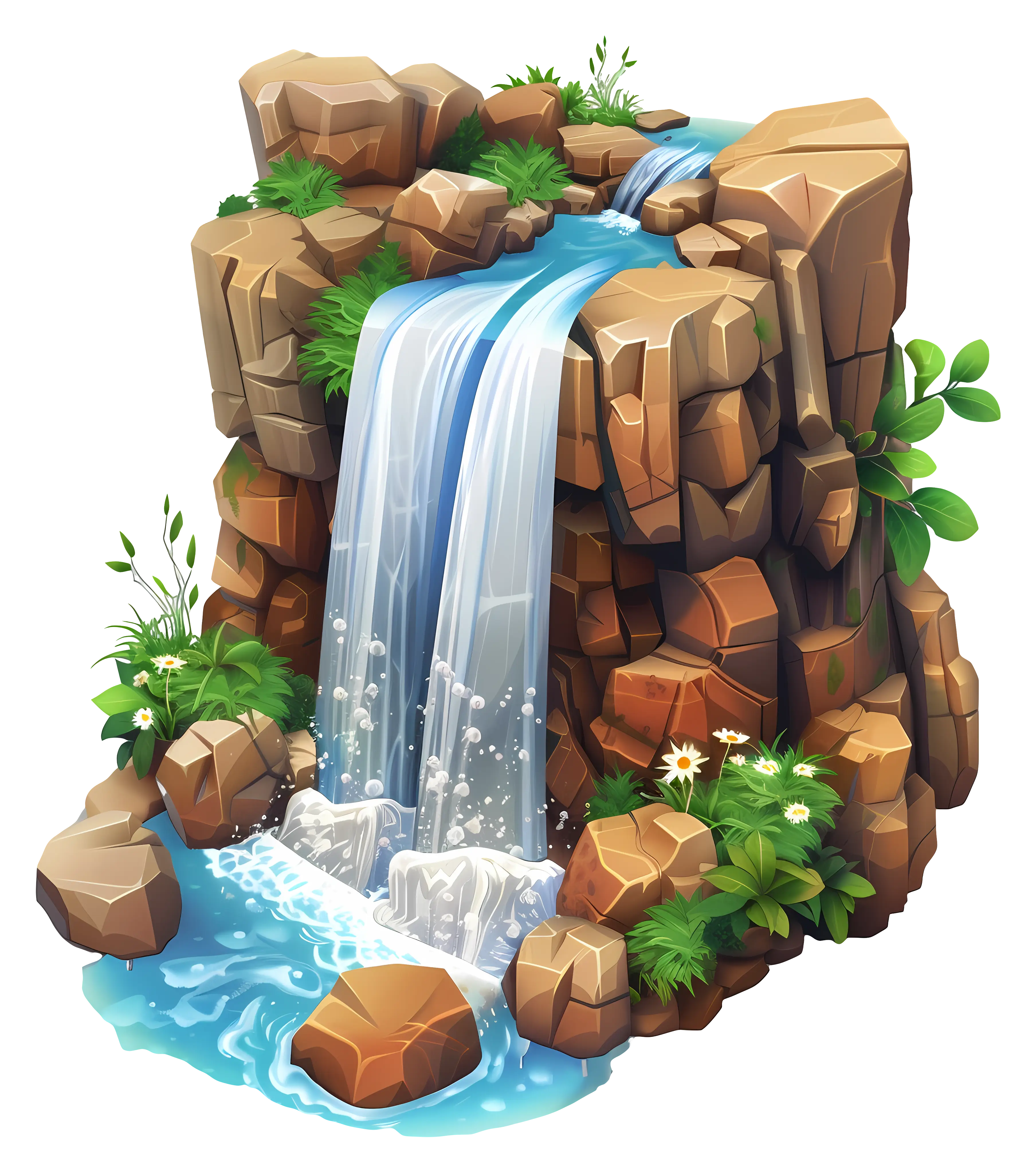 Beautiful Cartoon Waterfall with Rocks and Plants