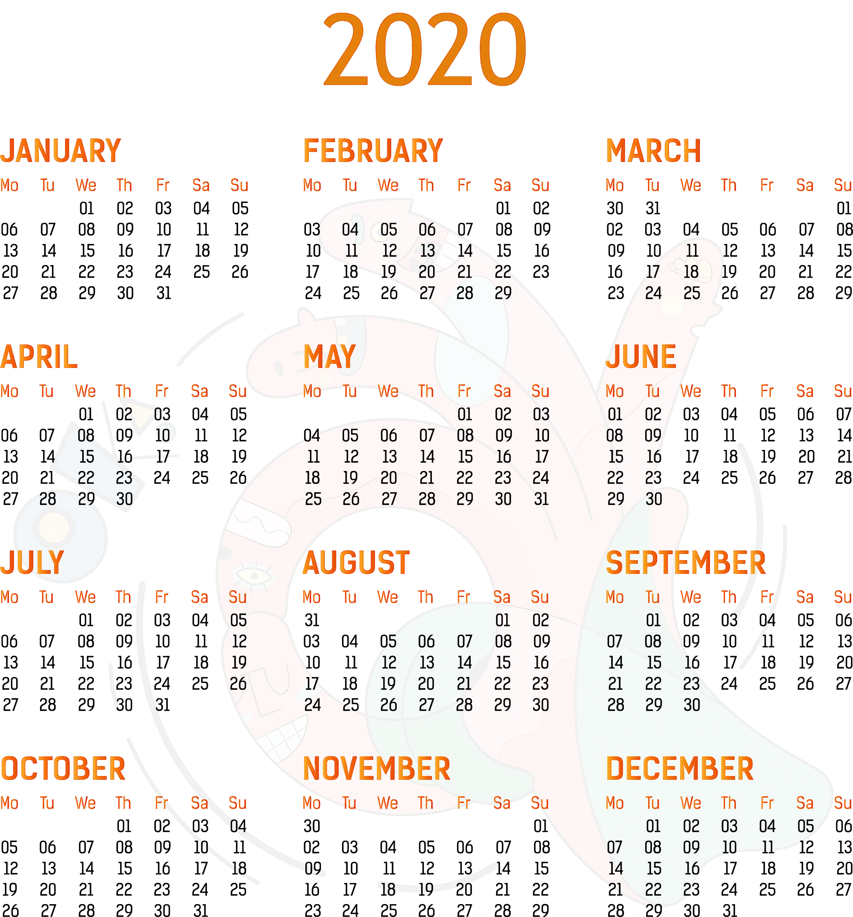 2020 Yearly Calendar Layout