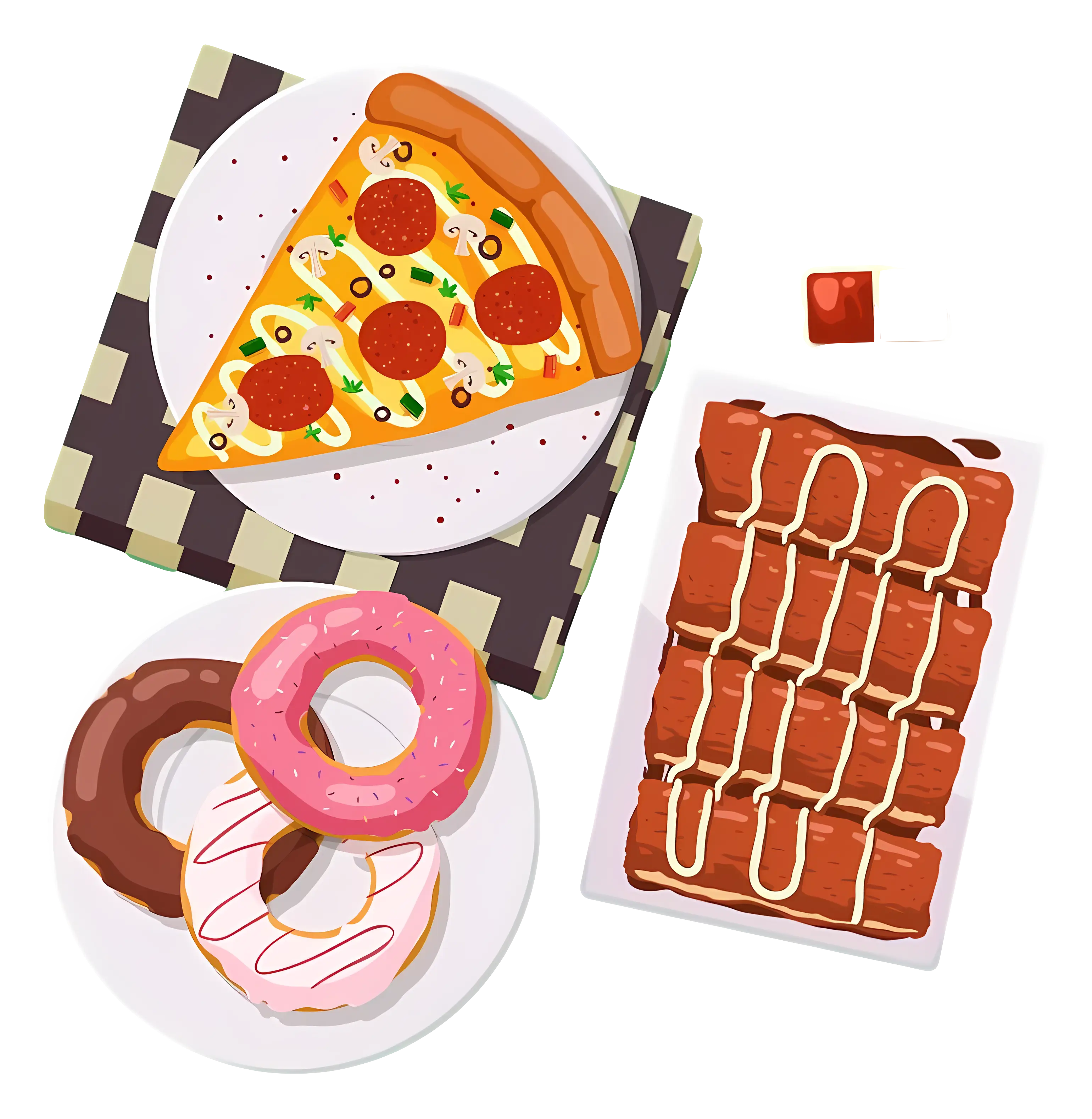 Pizza and Donuts on Plates