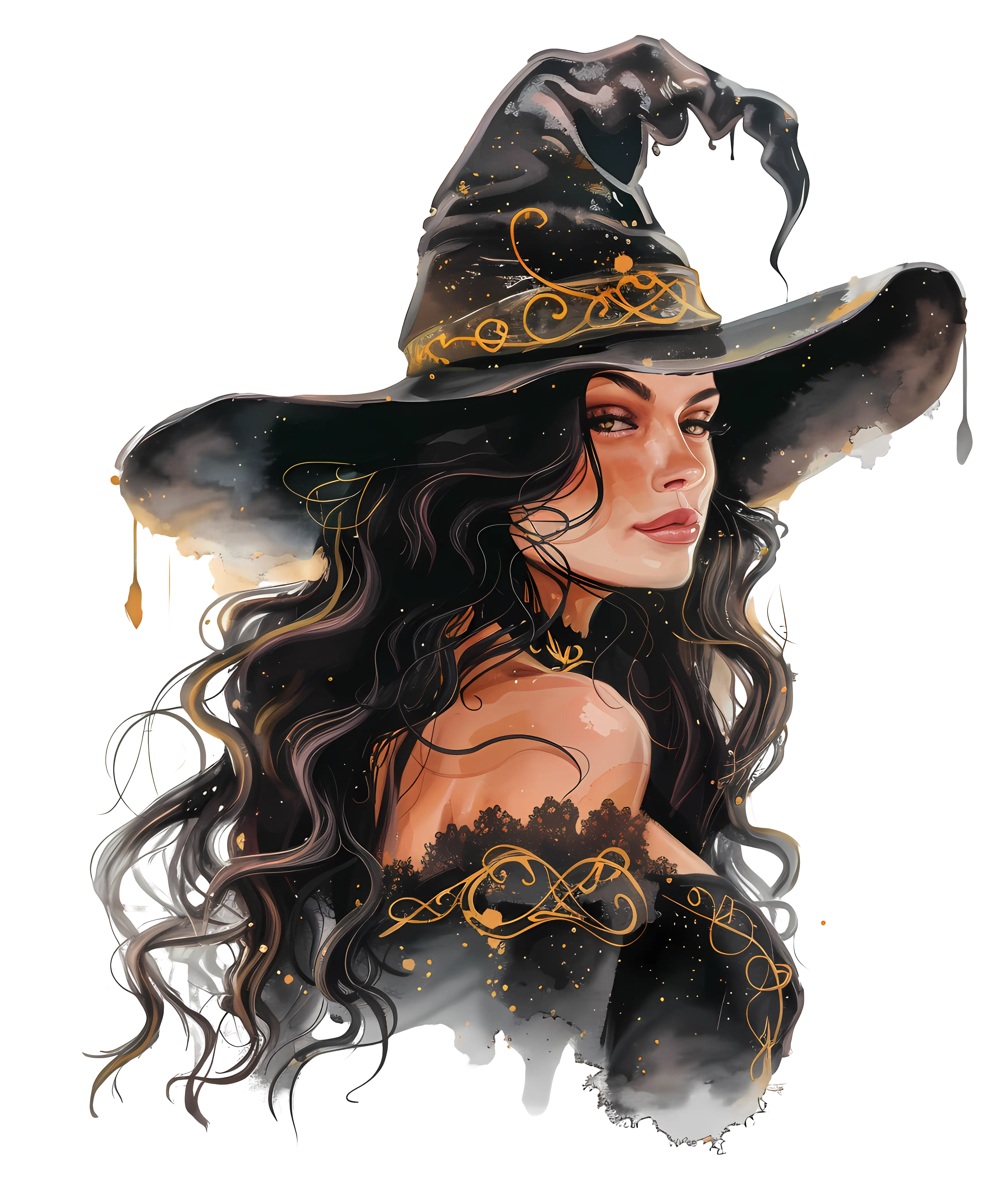 Mystical Witch with Black Hat Illustration