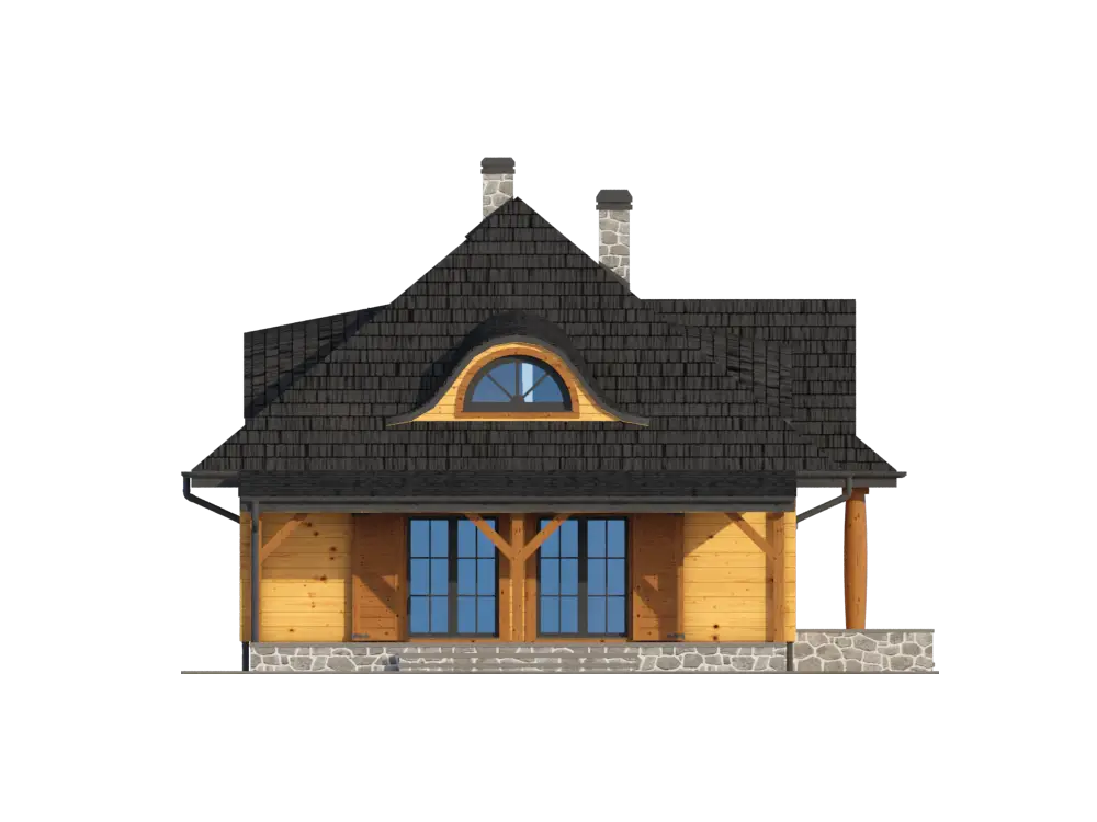 Charming Wooden House with a Black Roof and Stone Base