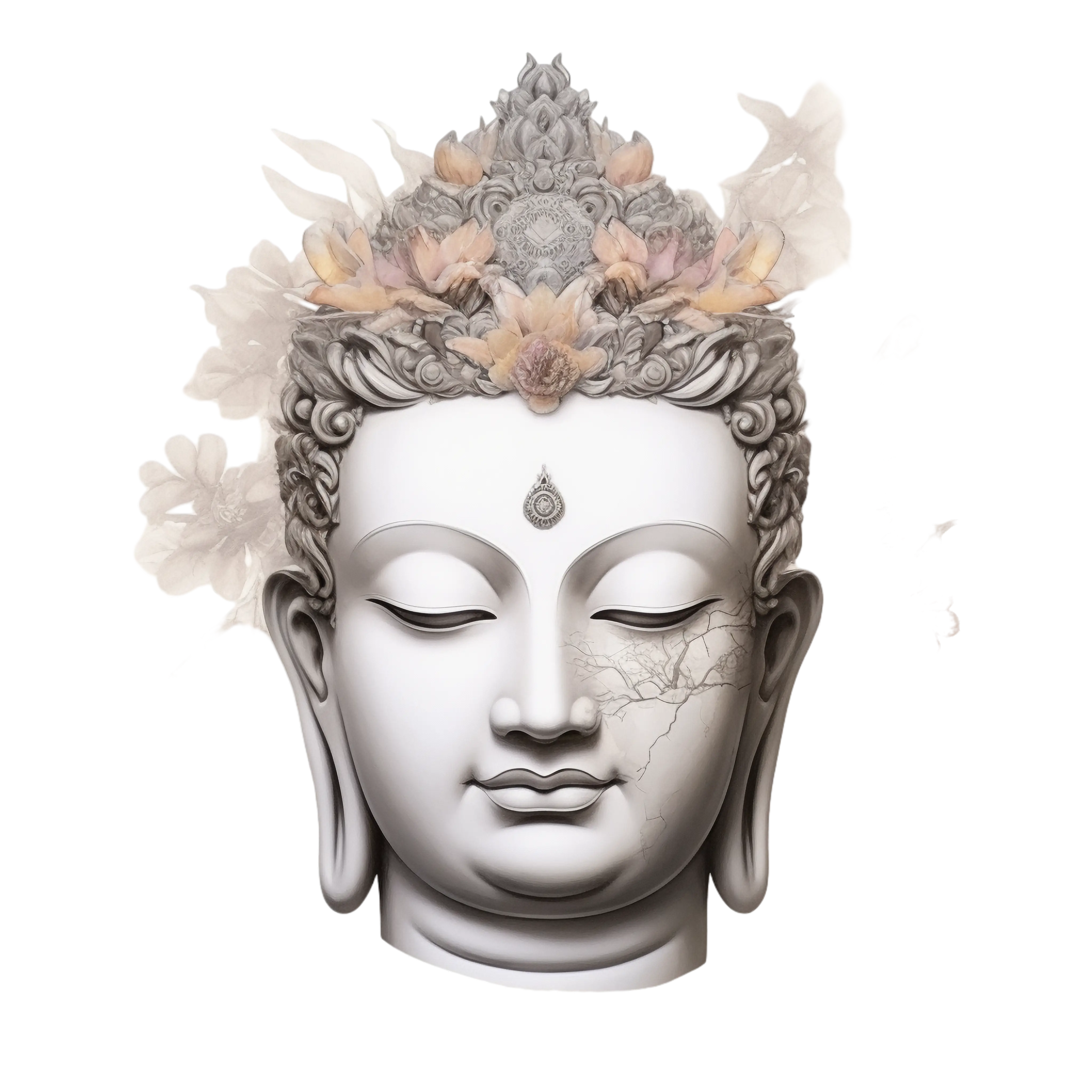 Serene Buddha Head Sculpture with Floral Accents