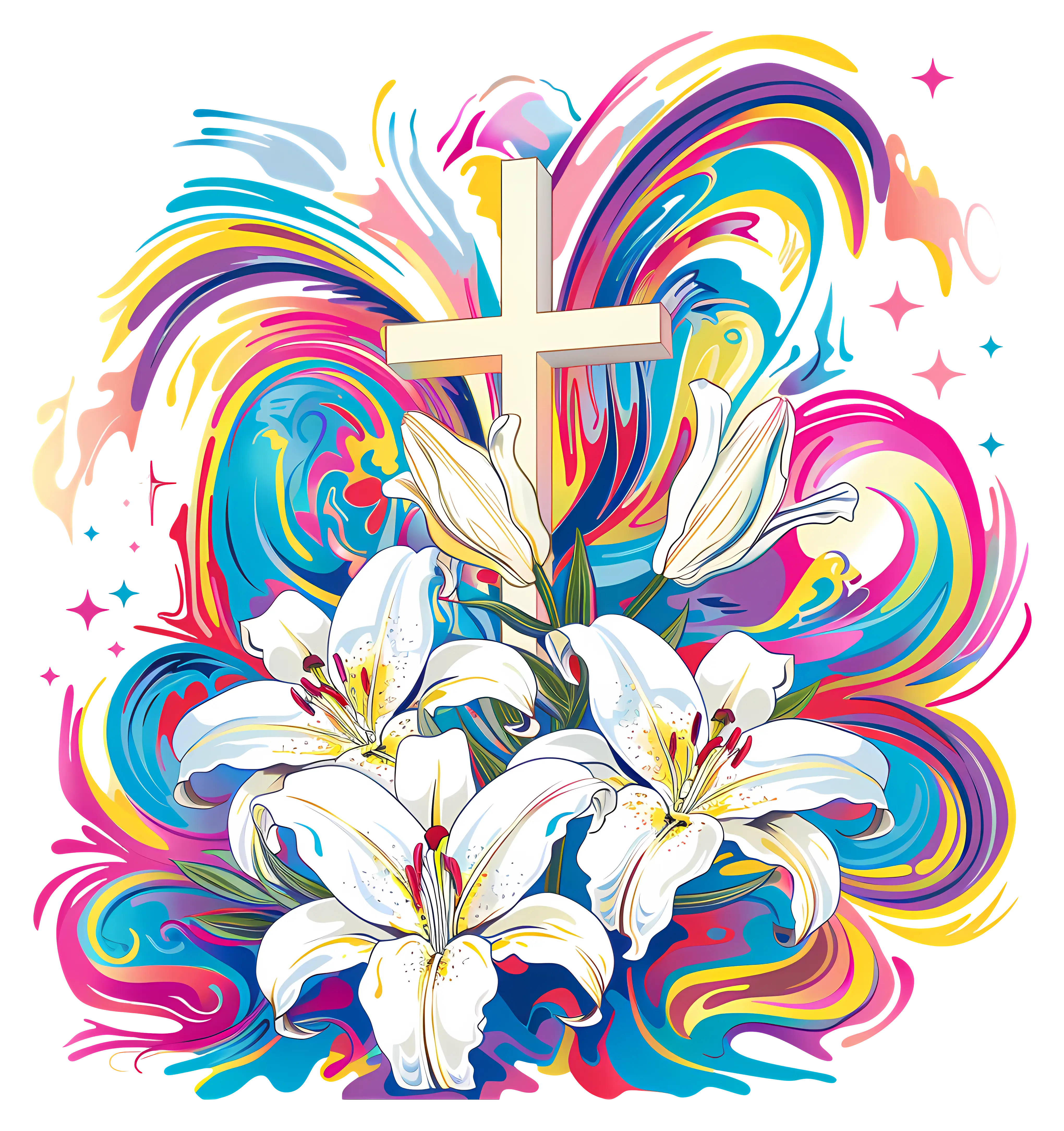 Cross with Colorful Background and Lilies