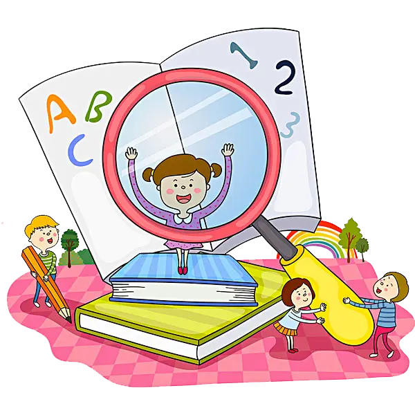 Children Studying with Books and Magnifying Glass