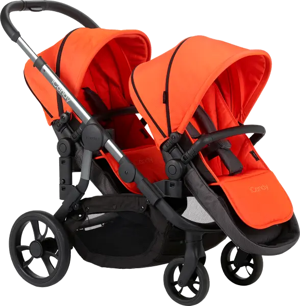 Double stroller with orange seats for twins