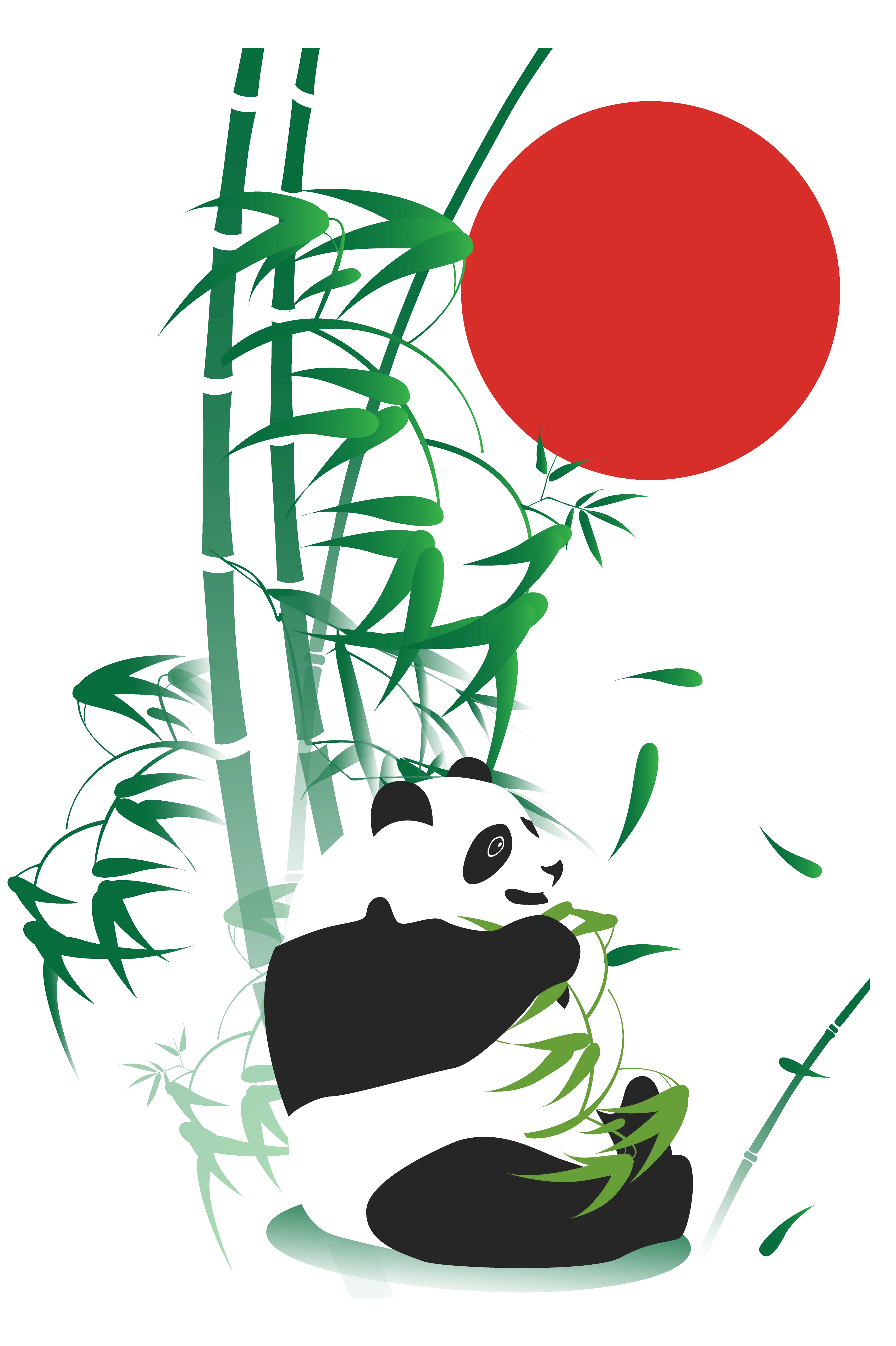 Panda Eating Bamboo with Red Sun