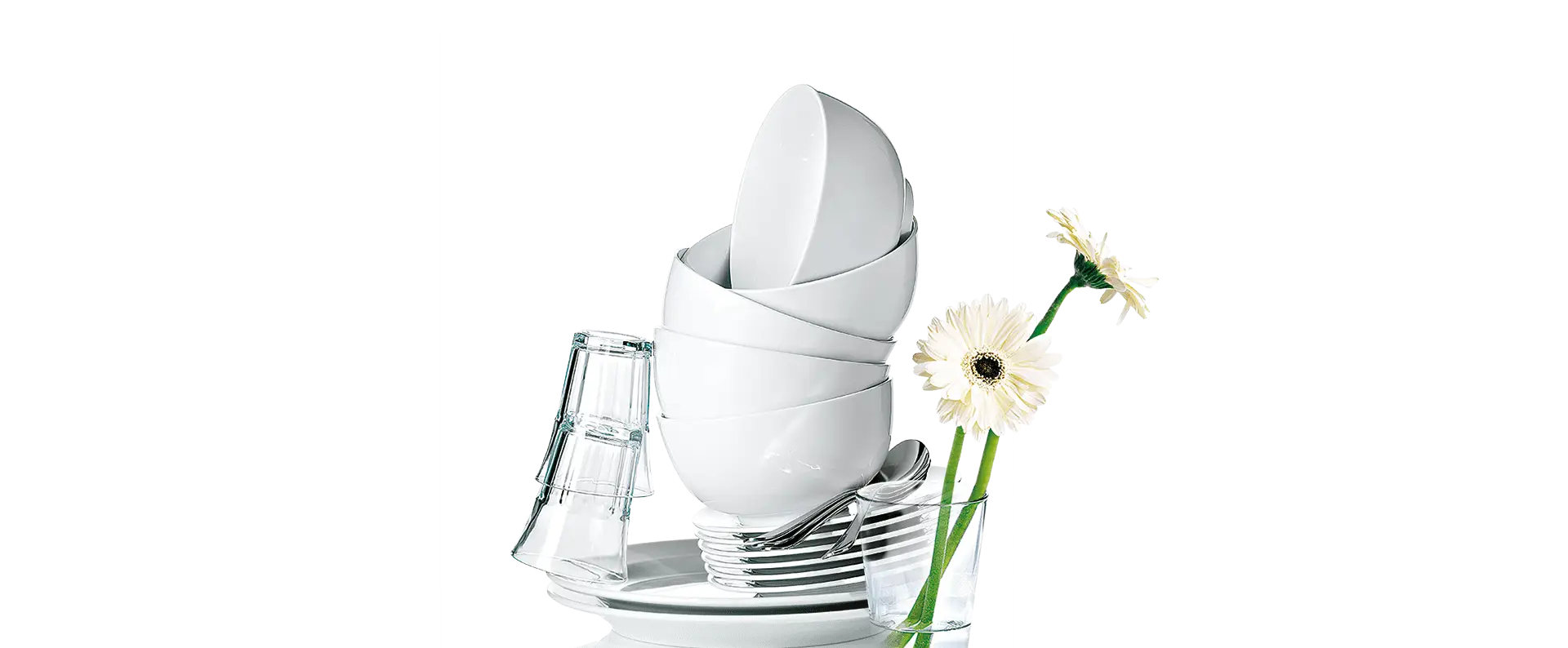 Stacked White Dishes with Flowers