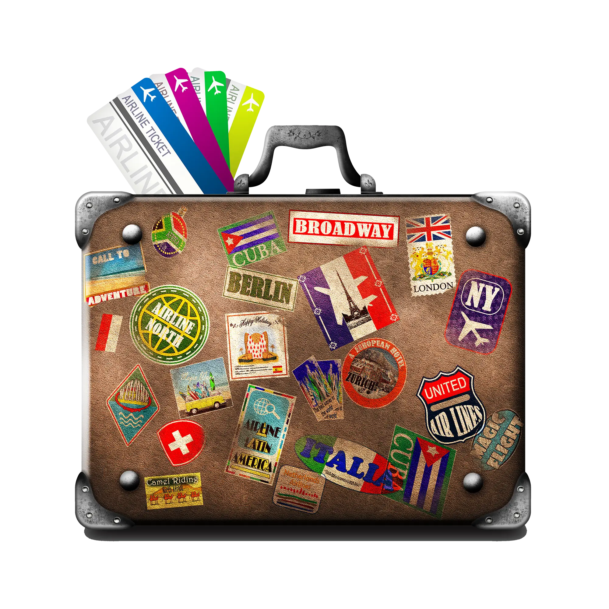 Suitcase with Travel Stickers and Airline Tickets
