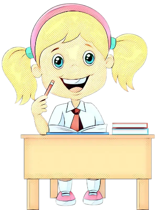 Cheerful Schoolgirl Cartoon Studying at Desk