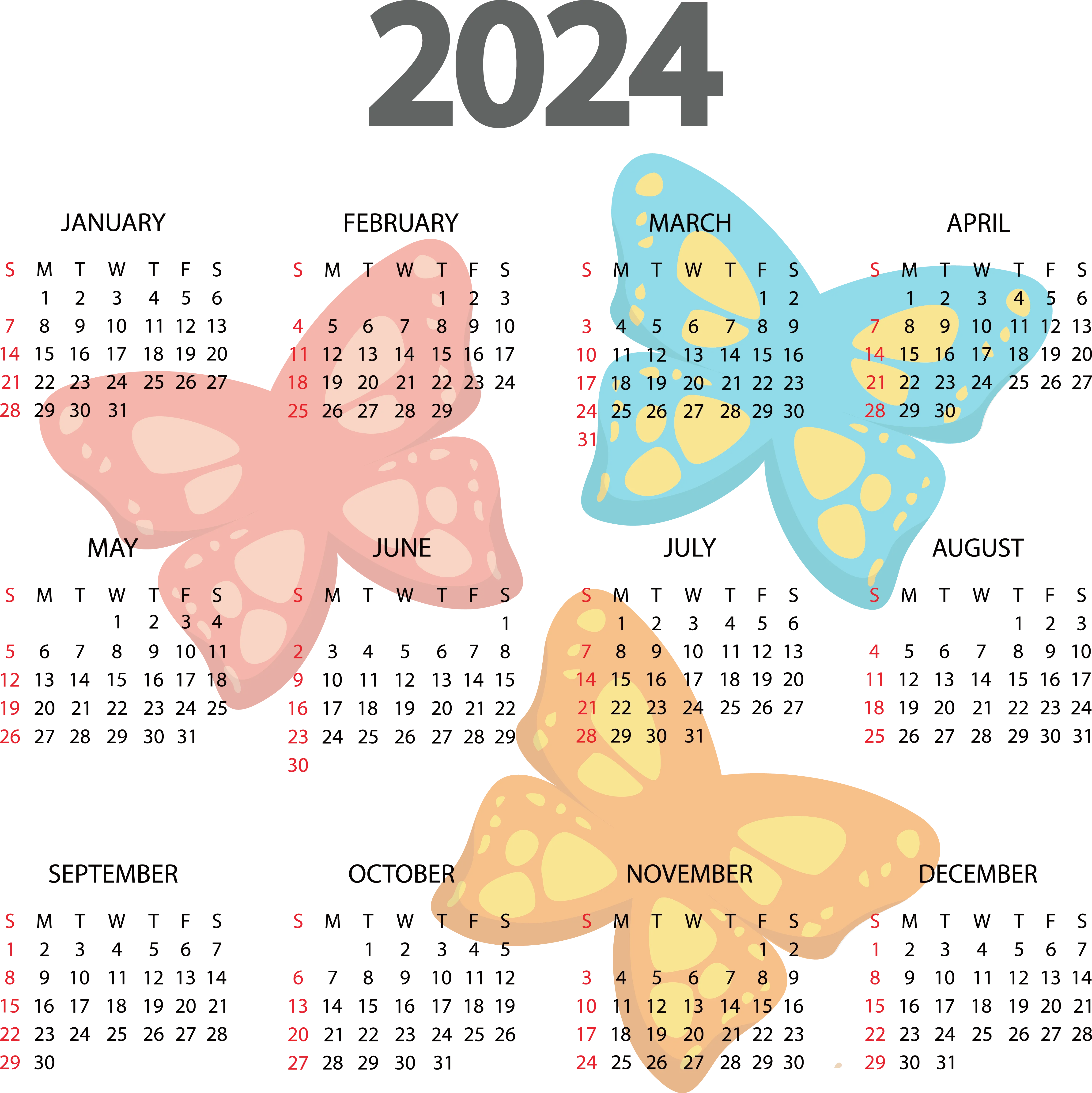 2024 Calendar with Butterflies