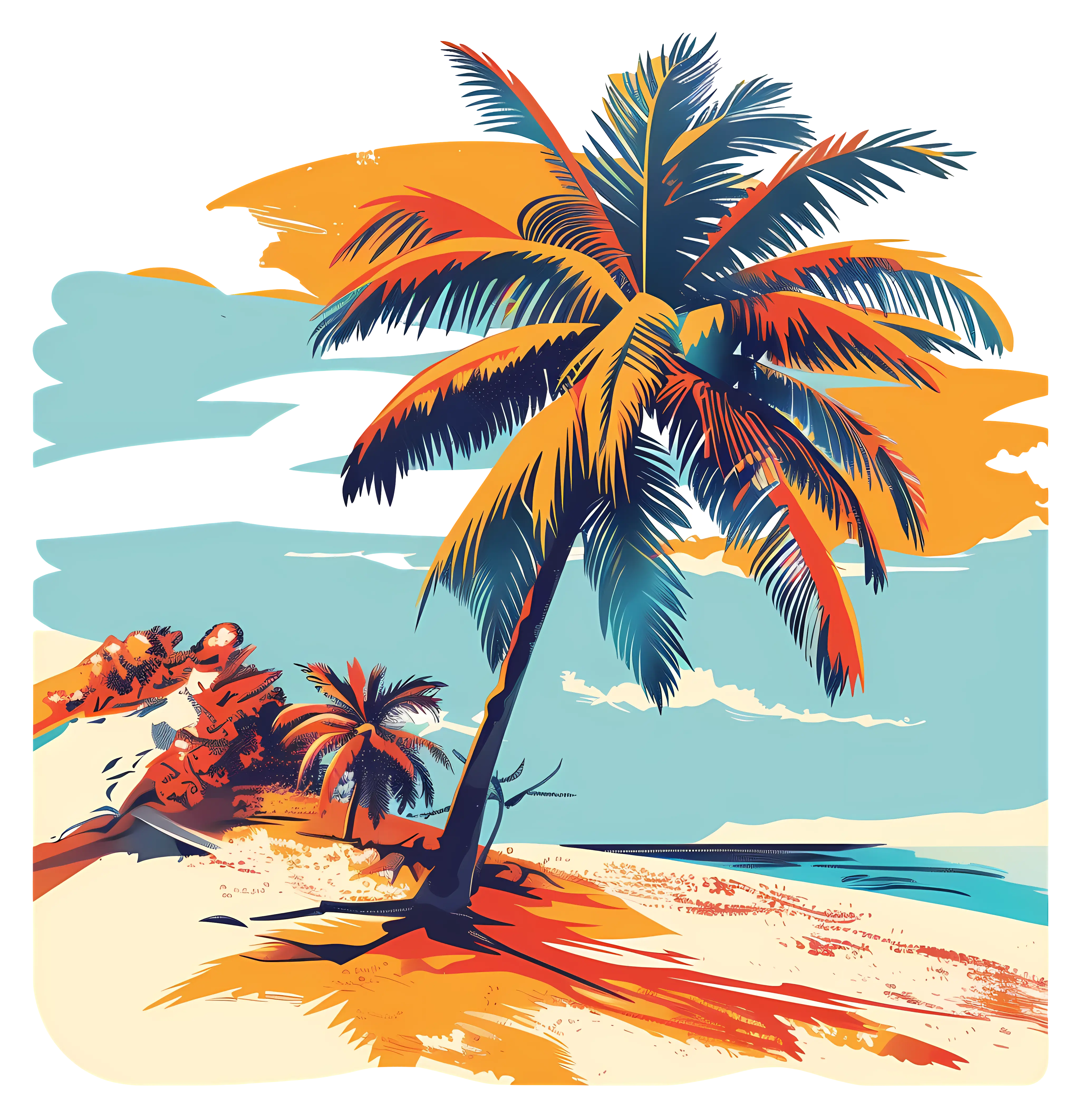 Beach Scene with Palm Trees Illustration
