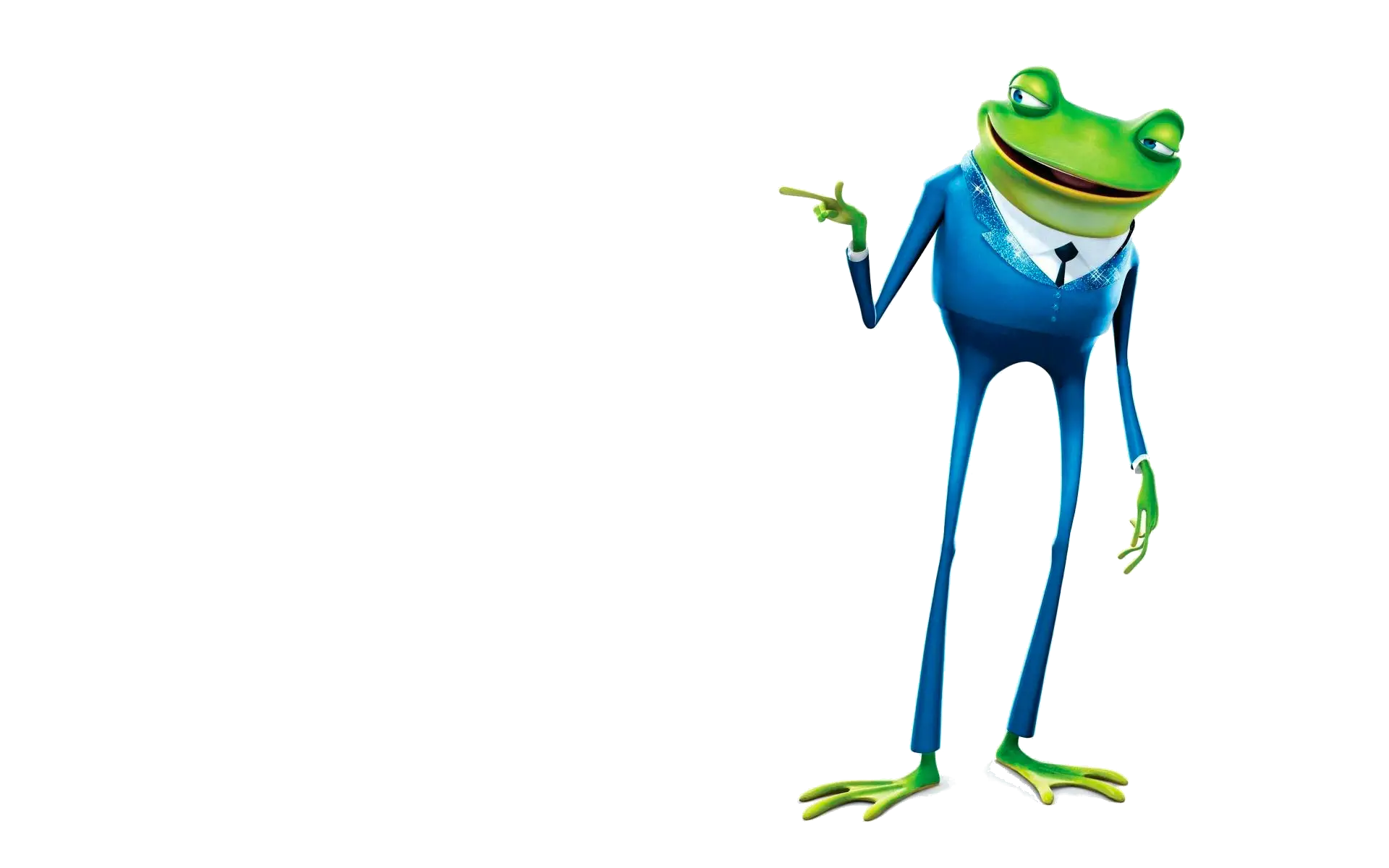 Green Frog in a Blue Suit Pointing