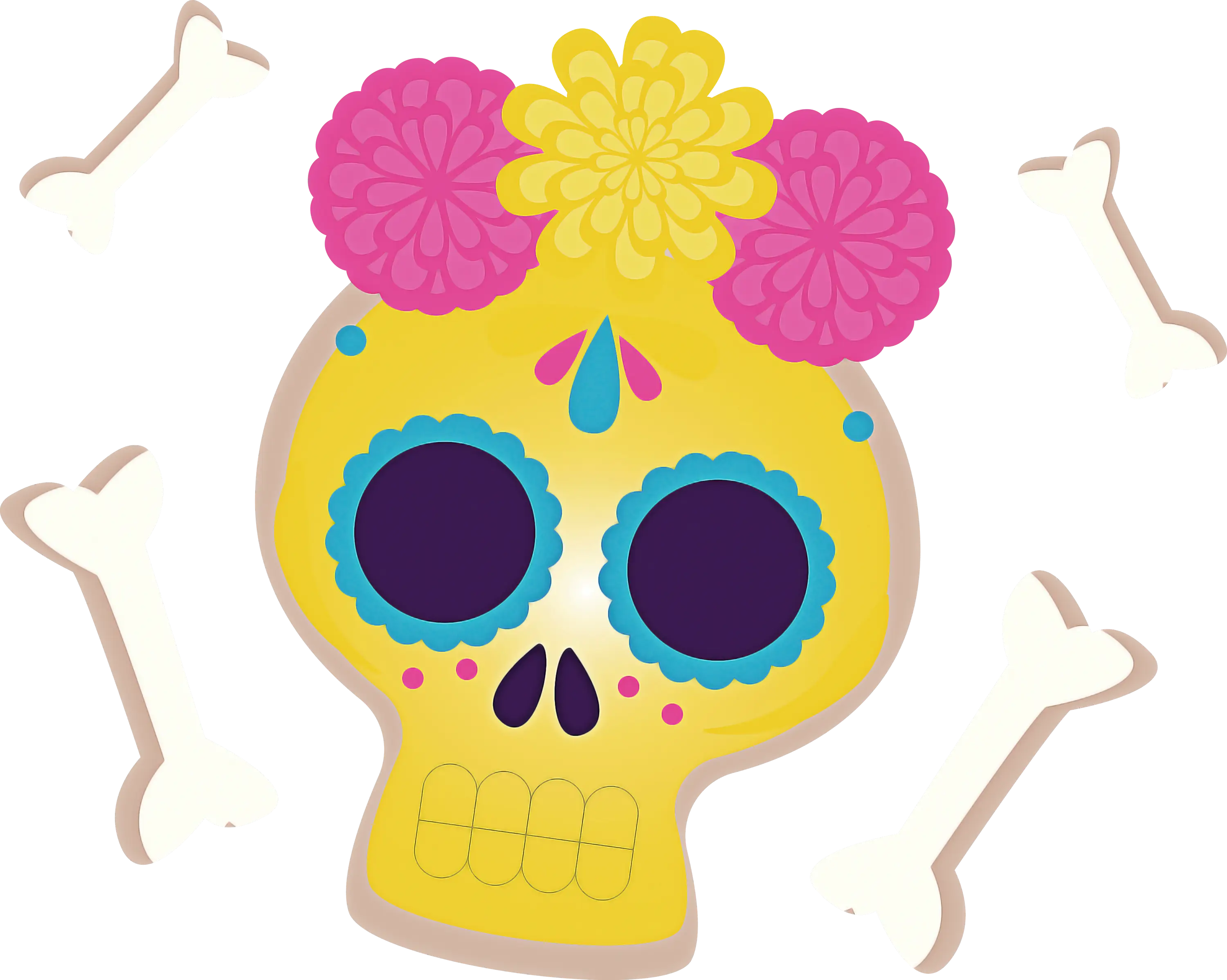 Yellow Sugar Skull with Floral Design for Day of the Dead