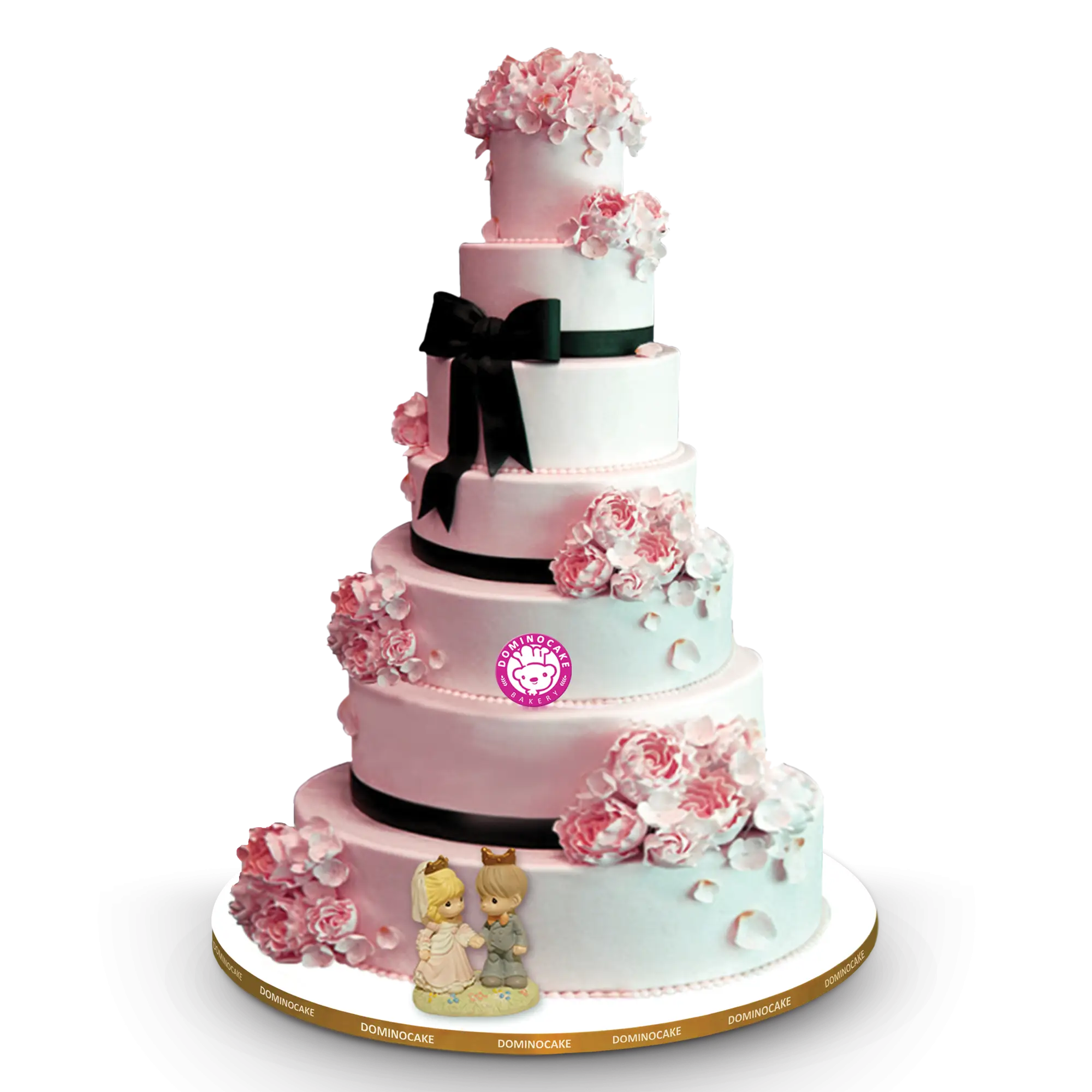 Tall Wedding Cake with Pink Flowers and Black Ribbon