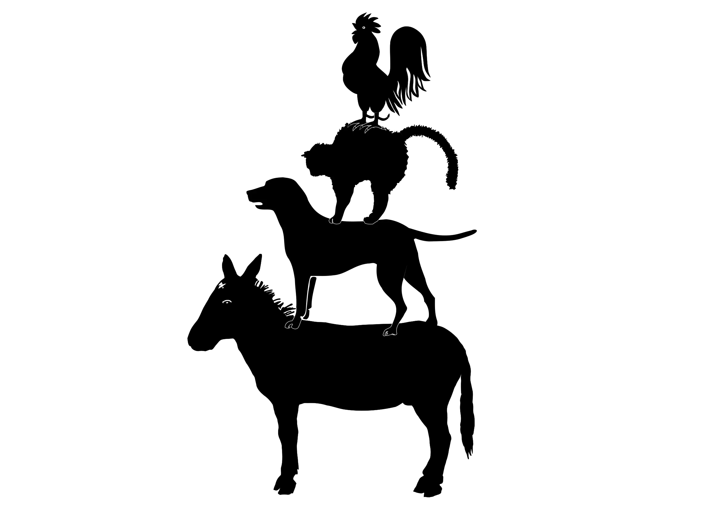 Animal Stack Silhouette with Rooster, Cat, Dog, and Donkey