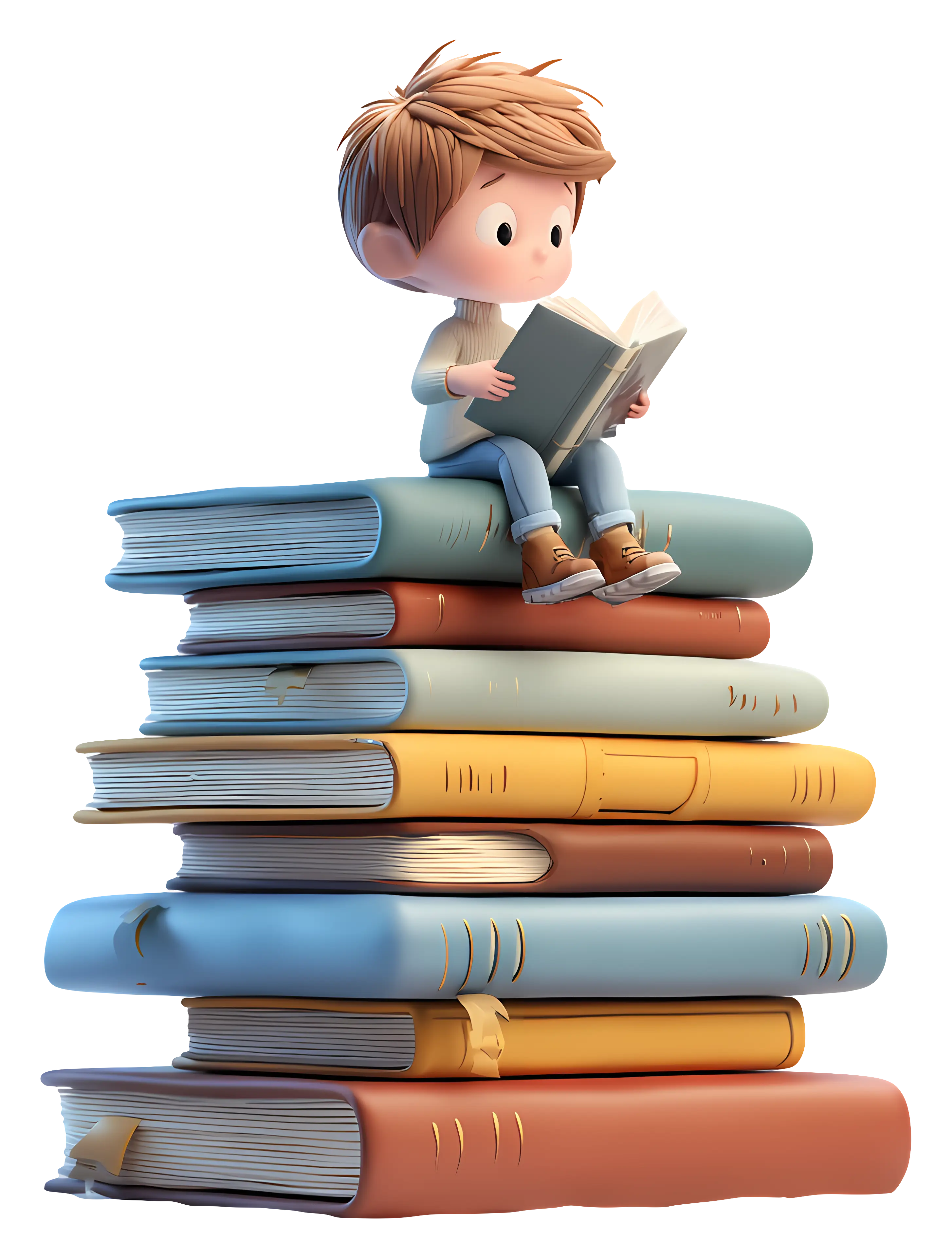 Child Reading on Stack of Books
