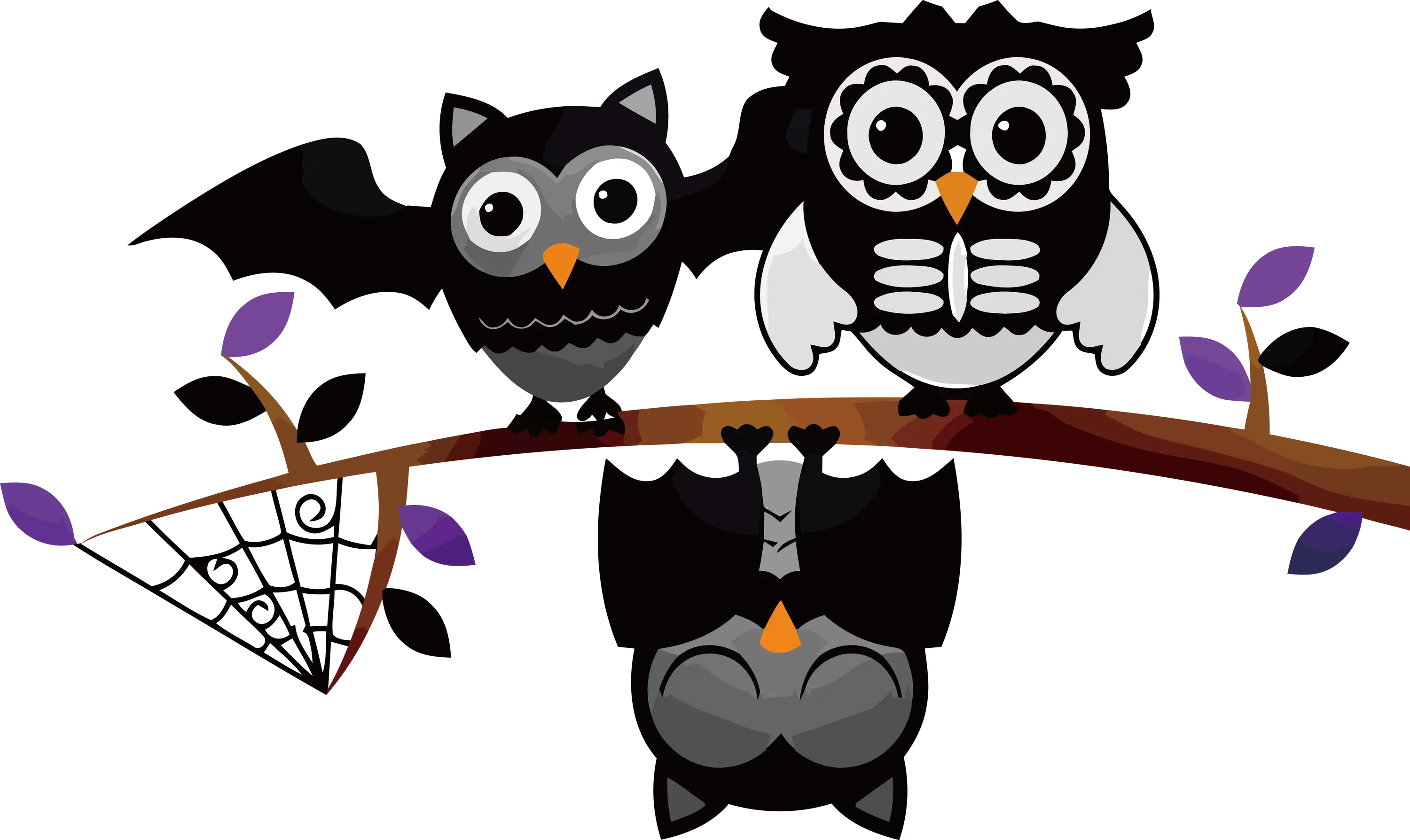 Cute Cartoon Owls and Bat on Branch
