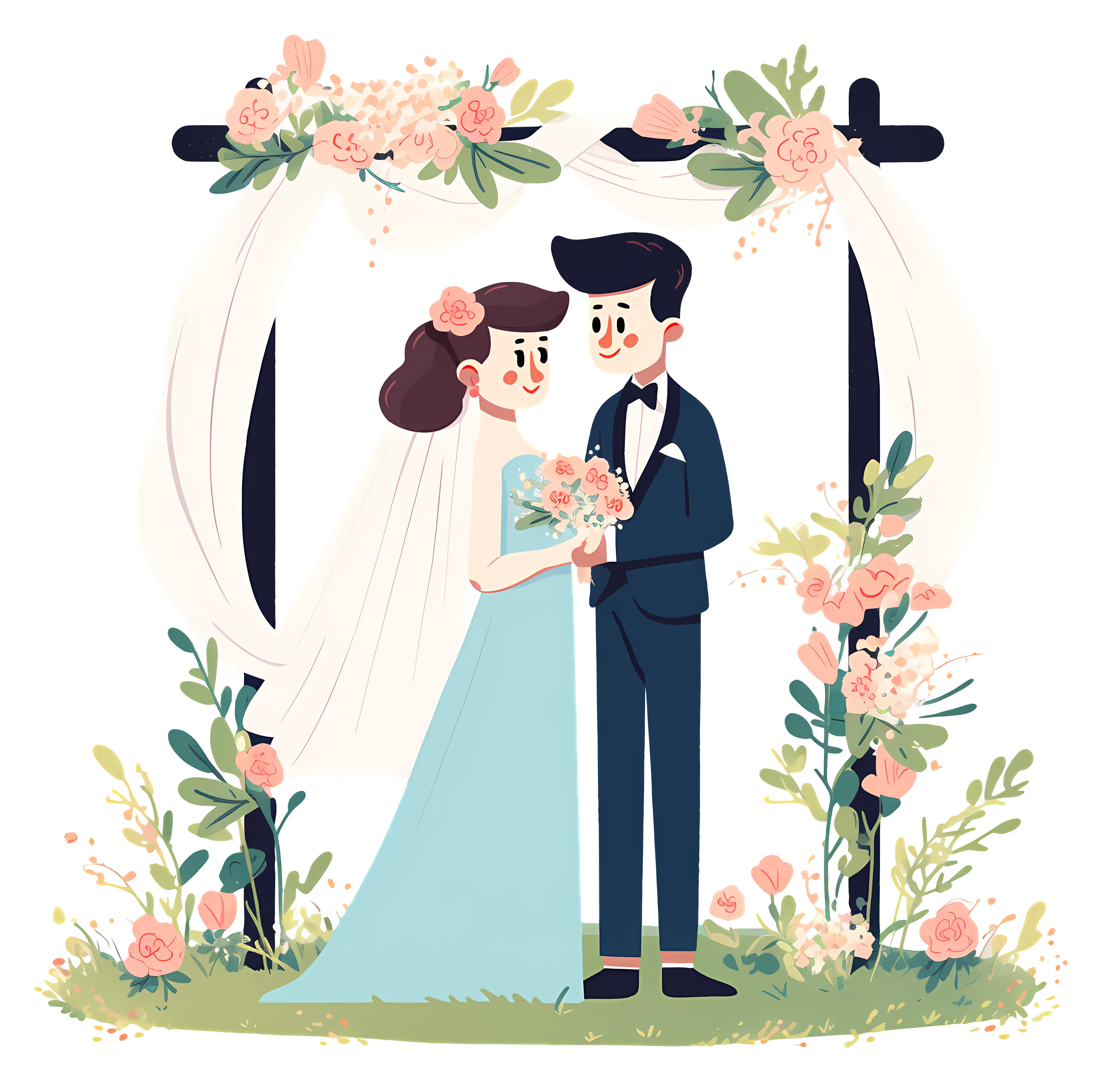 Cartoon Wedding Couple Under Floral Arch
