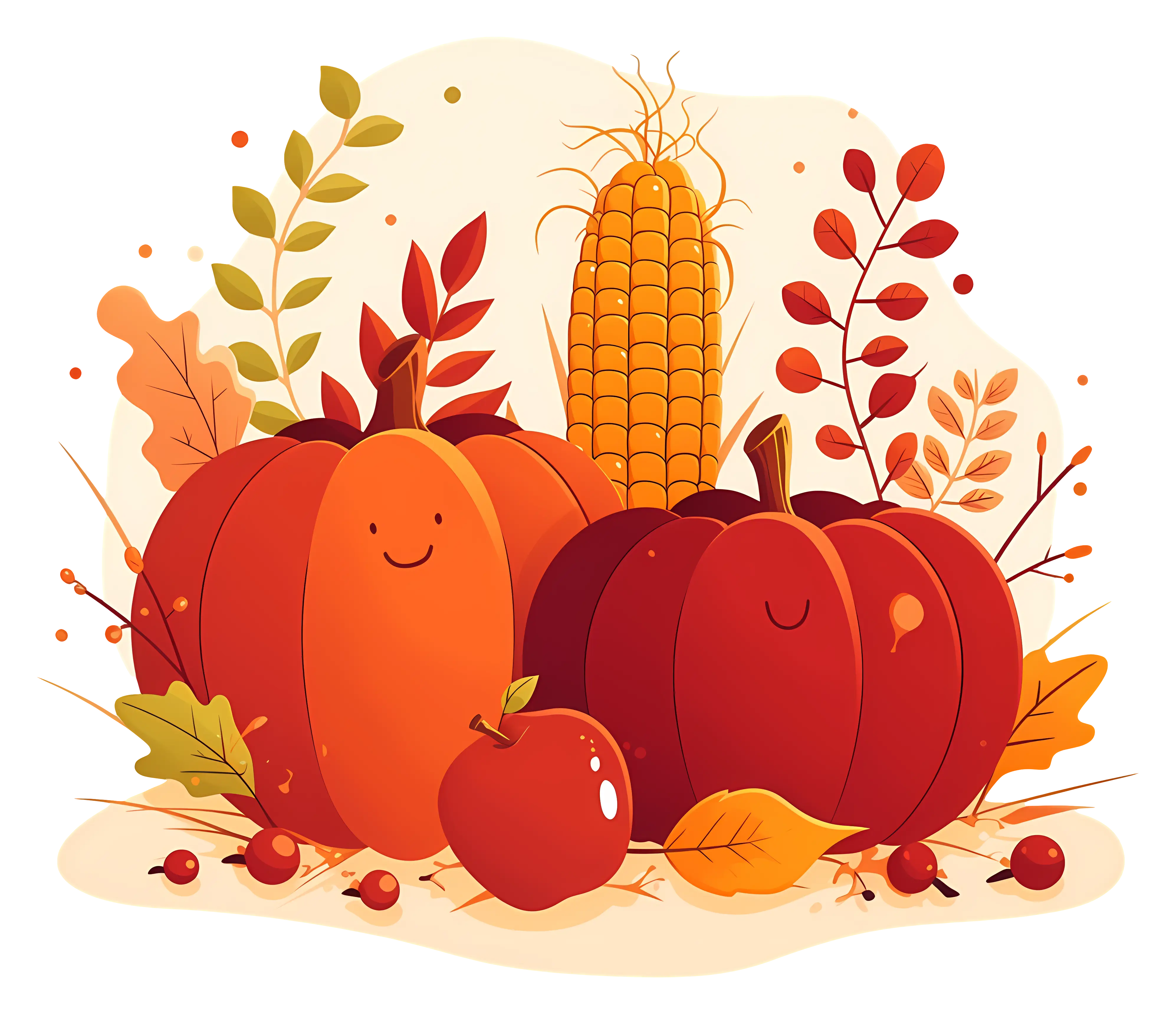 Smiling Pumpkins with Harvest Corn Illustration