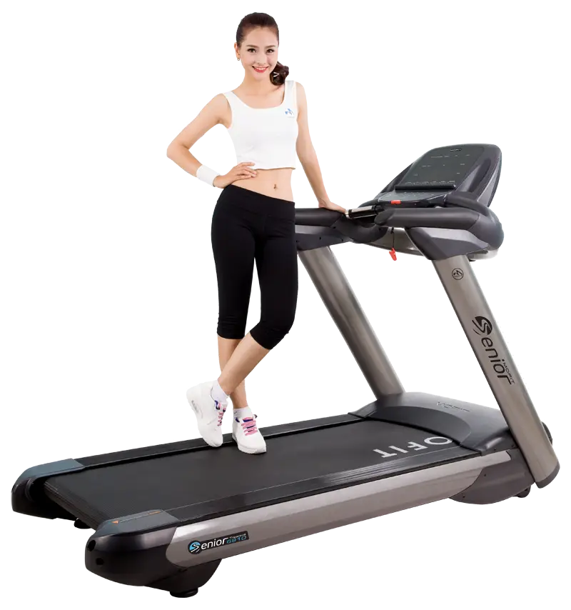 Woman Standing on Modern Treadmill in Fitness Attire