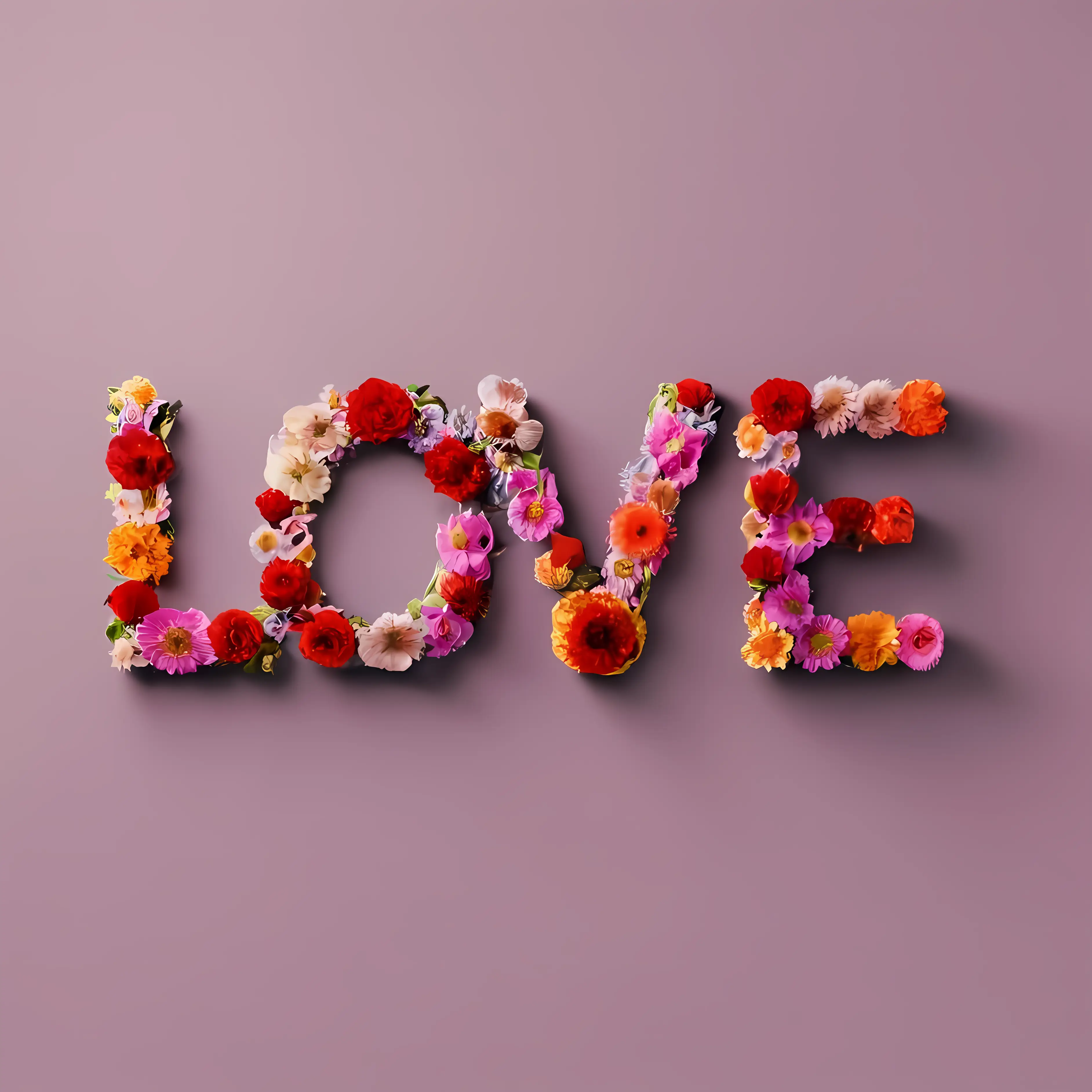 LOVE Text Made of Flowers on Pink Background