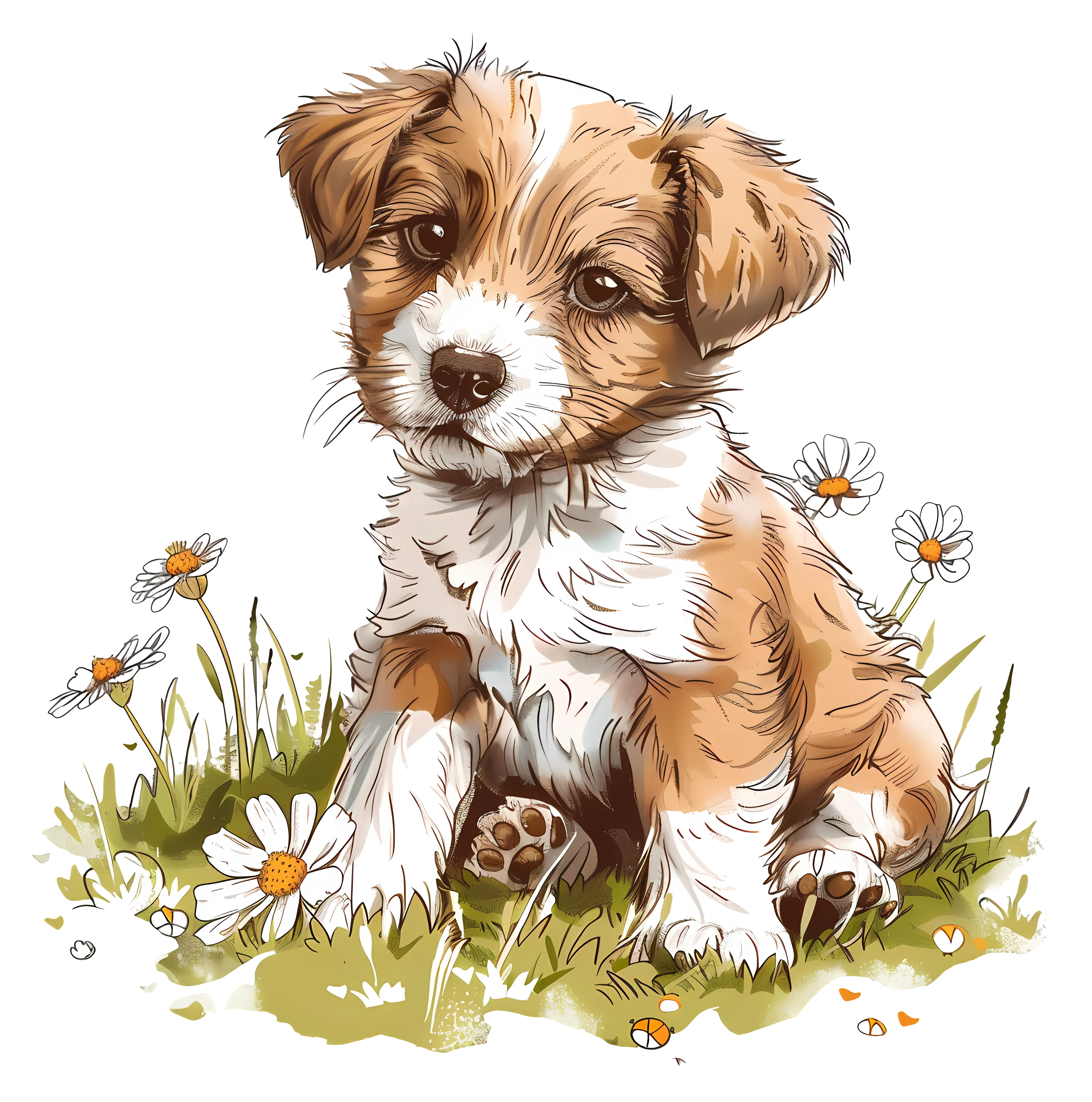 Adorable Puppy Sitting Among Flowers