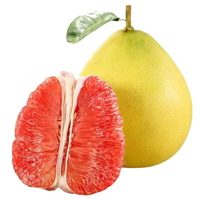 Whole and sliced pomelo with pink flesh