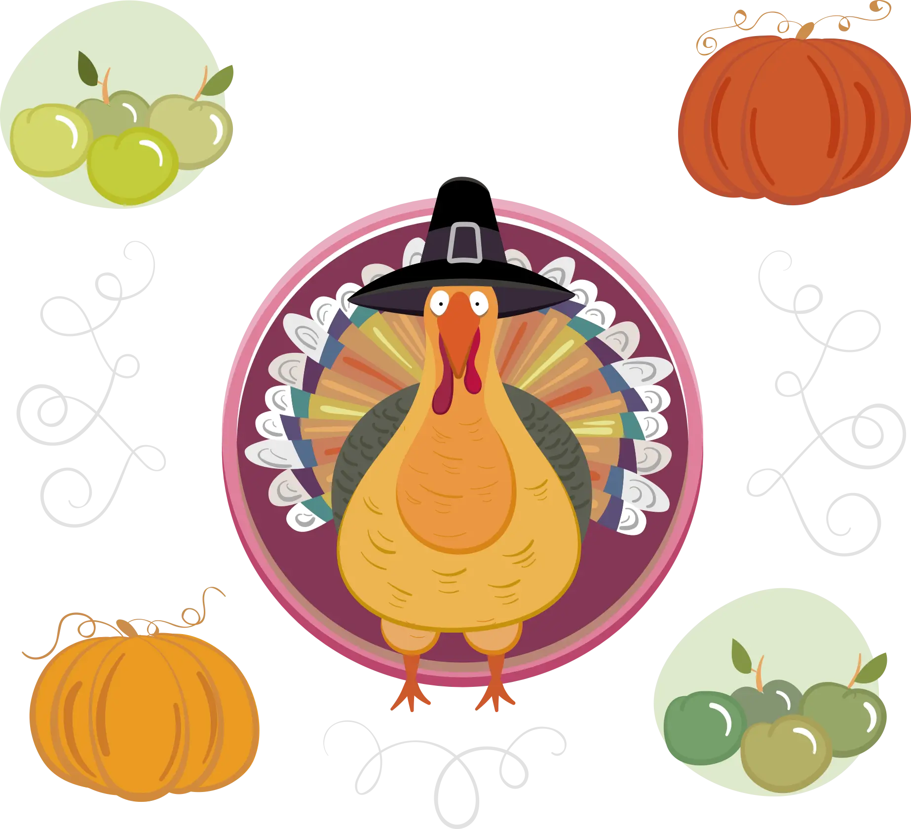 Thanksgiving Turkey with Pumpkins and Apples