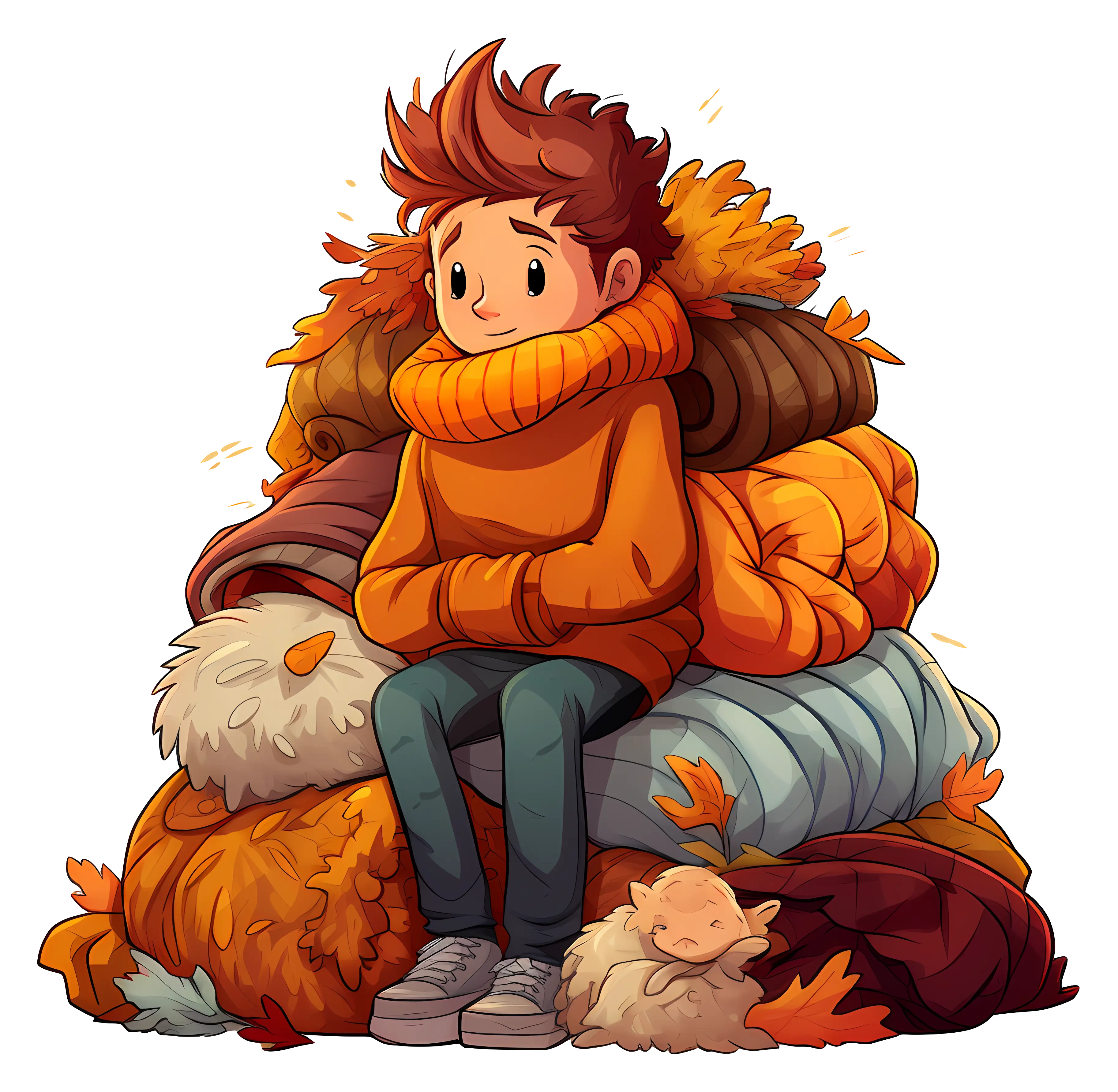 Boy Sitting with Blankets in Autumn