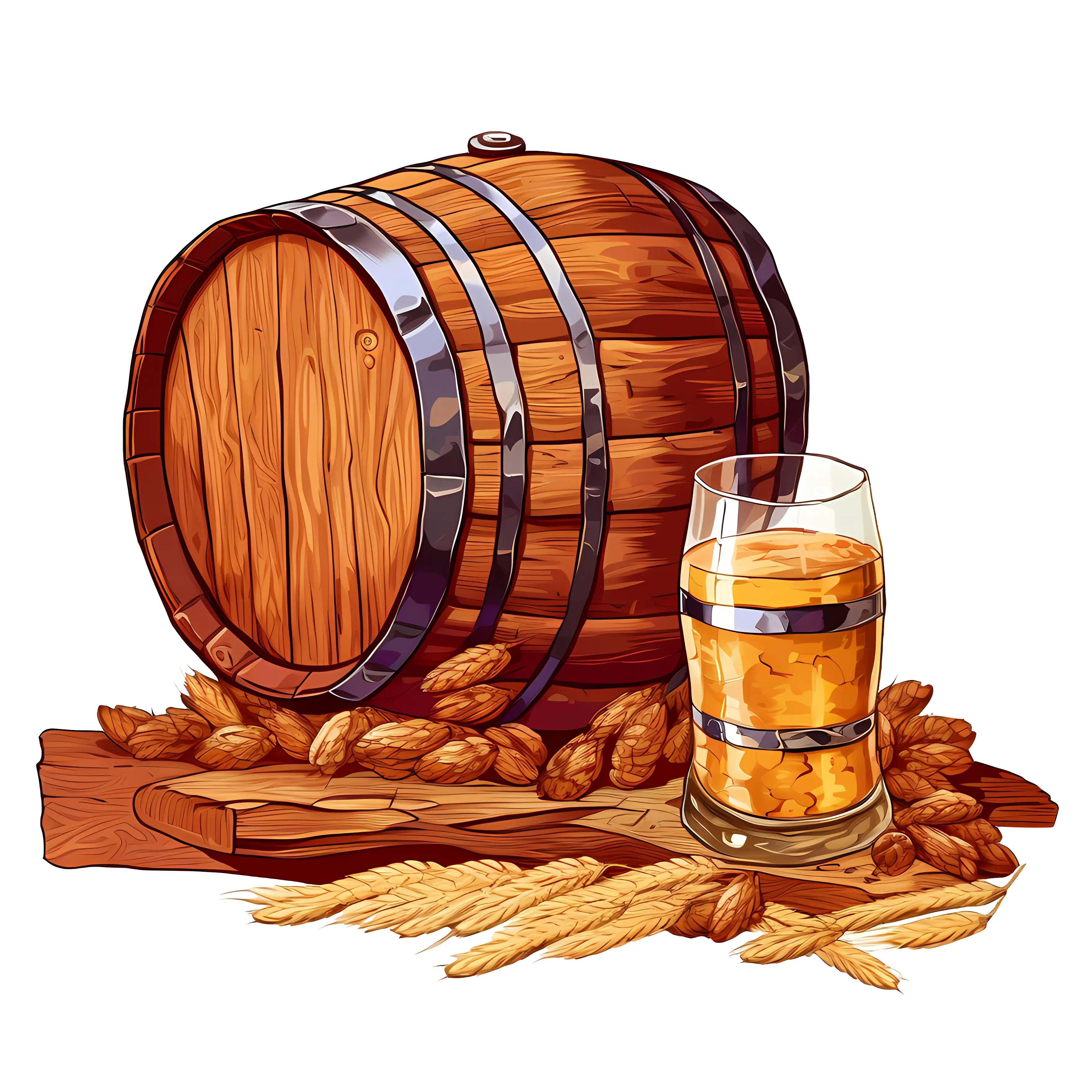 Whiskey Barrel with Glass and Wheat Illustration