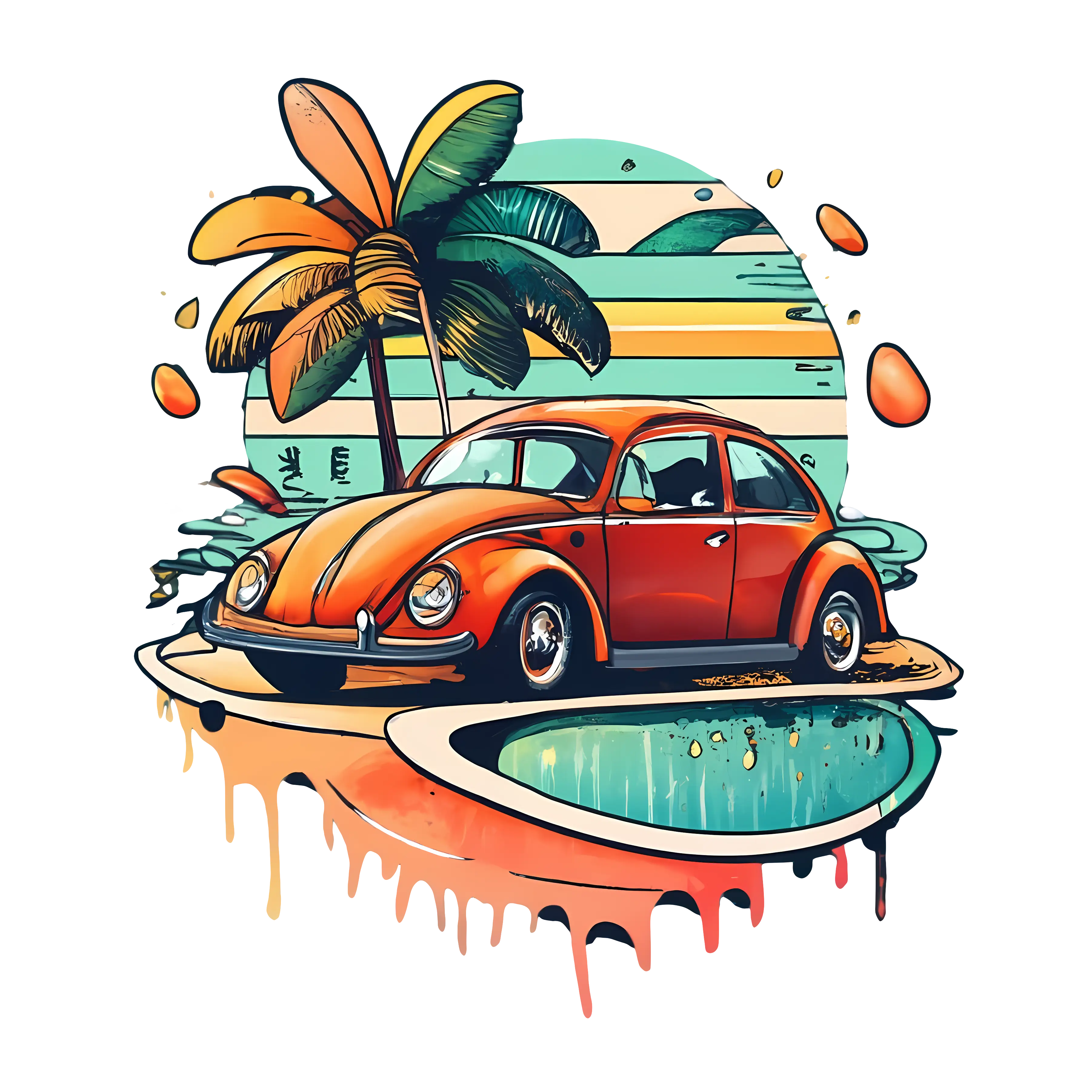 Colorful Vintage Car with Palm Trees Illustration