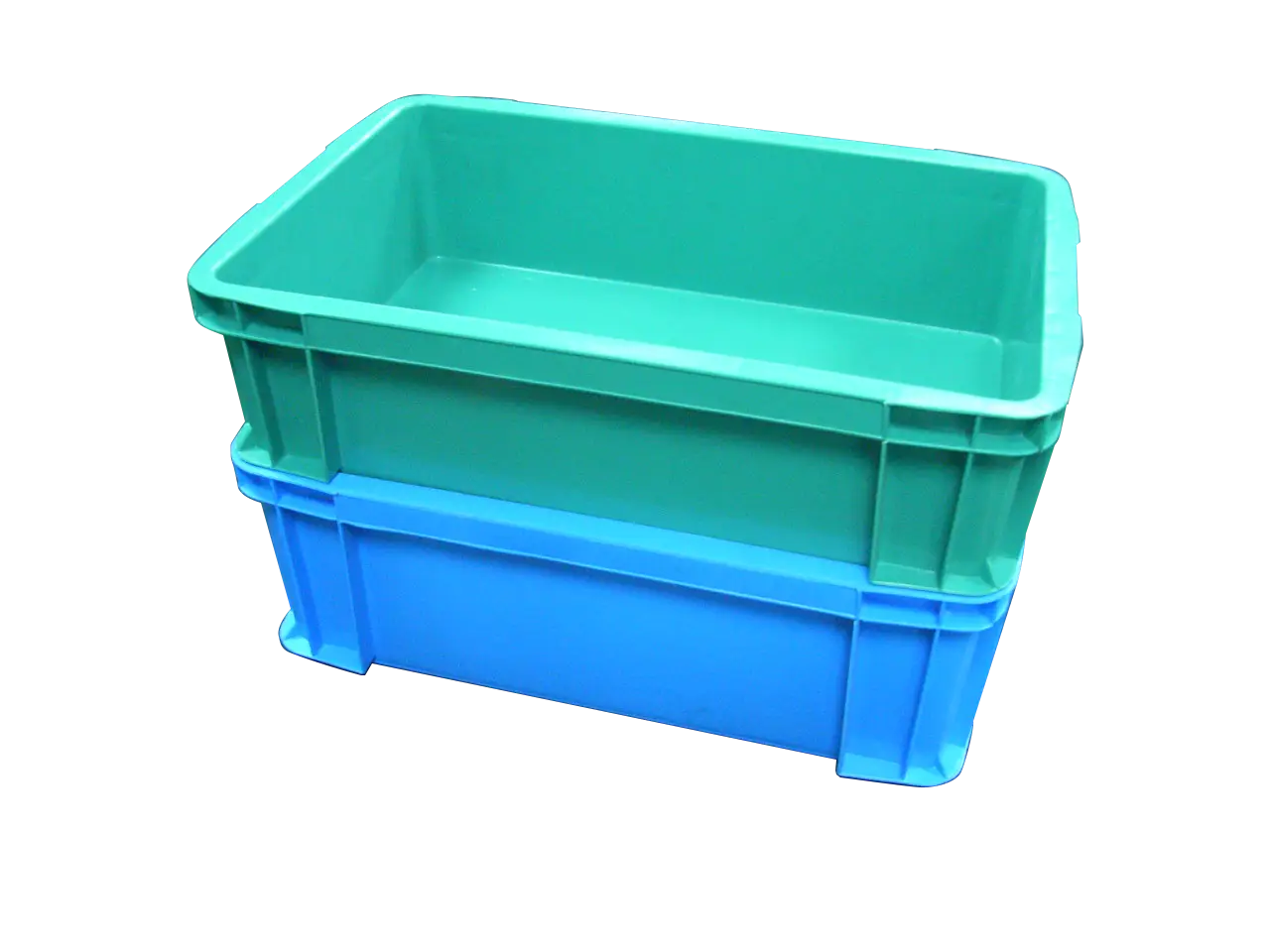 Stacked Plastic Storage Bins in Green and Blue