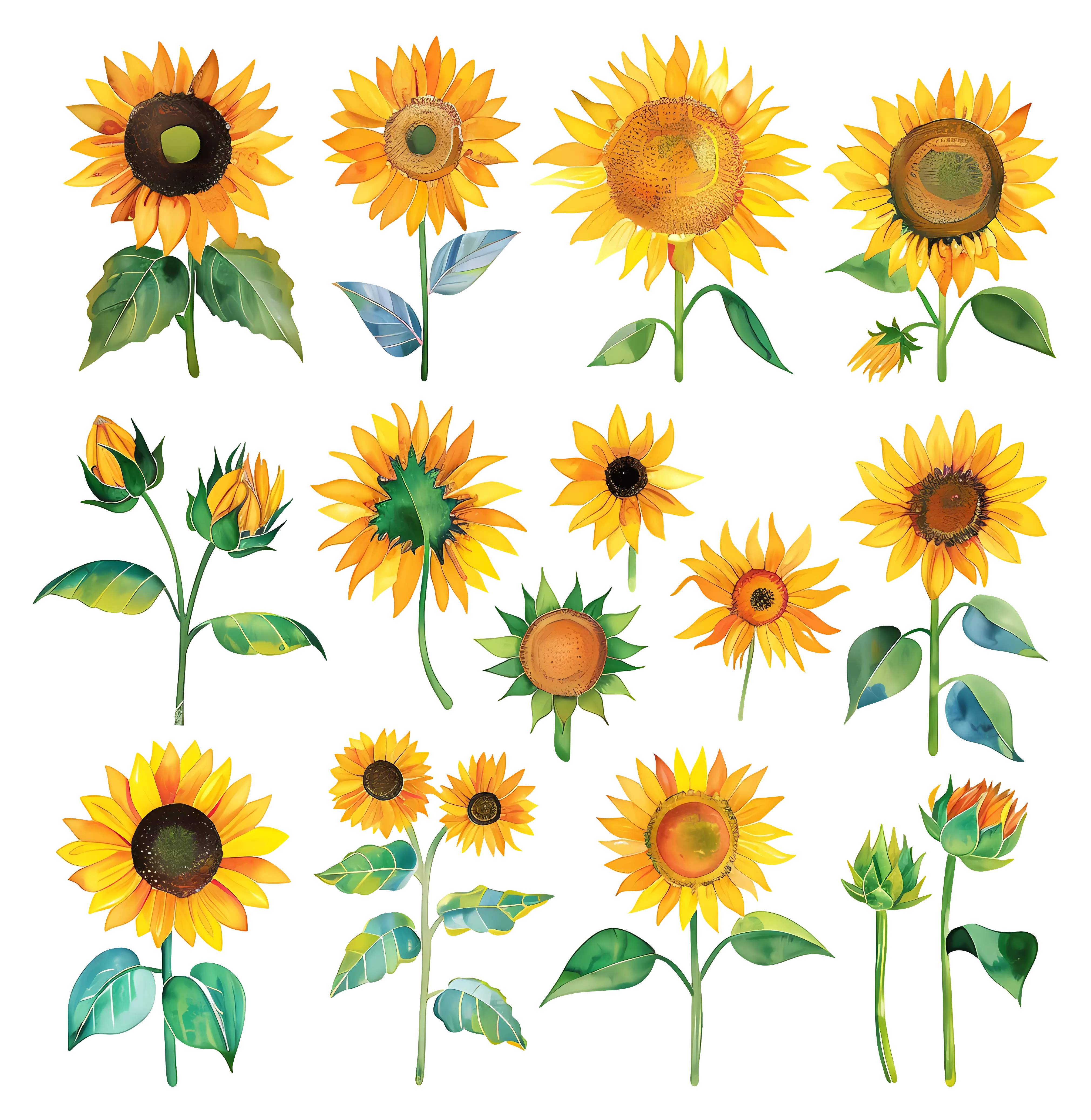 Set of Sunflowers in Artistic Illustration