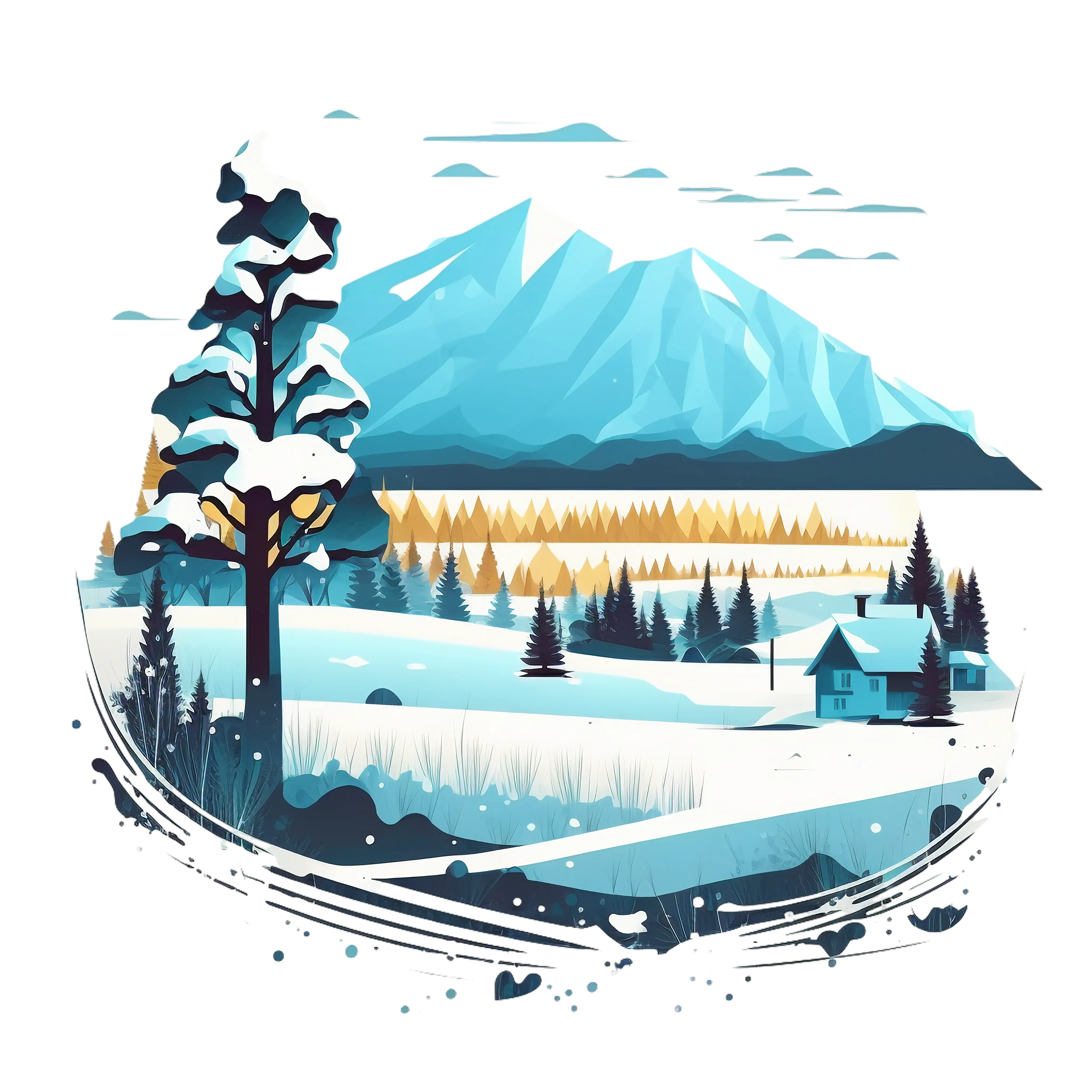 Snowy Mountain Landscape with Cabin