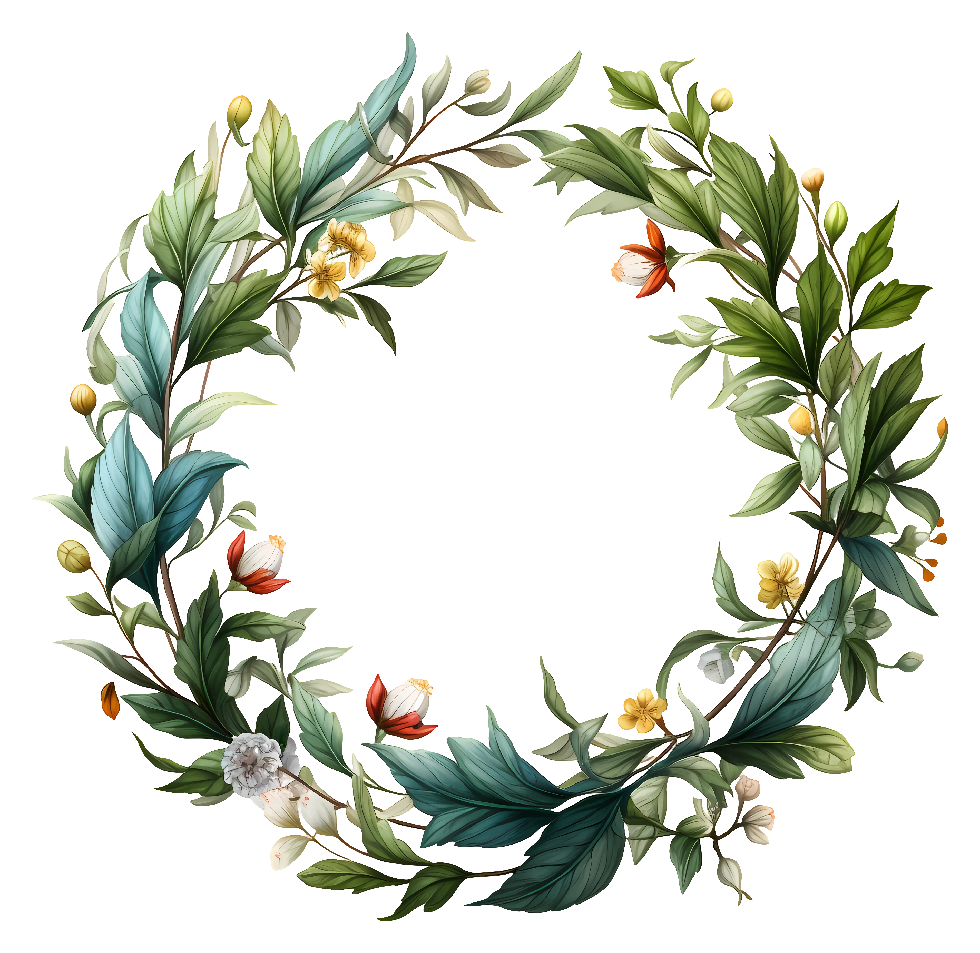 Floral Wreath with Detailed Leaves and Flowers