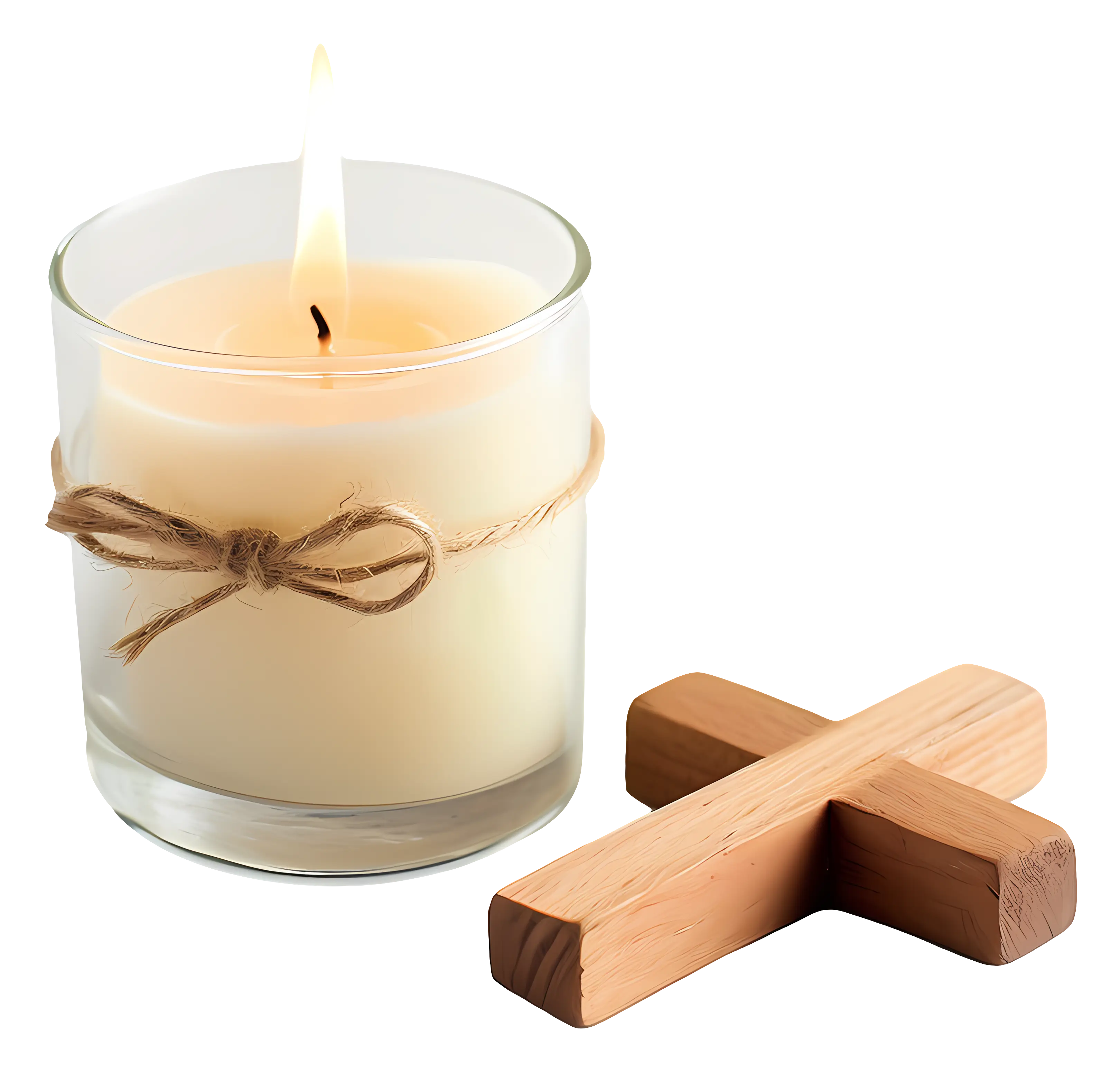 Glass Candle with Twine and Wooden Cross