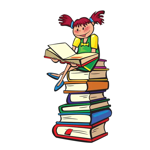 Cartoon Girl Reading on Stack of Books