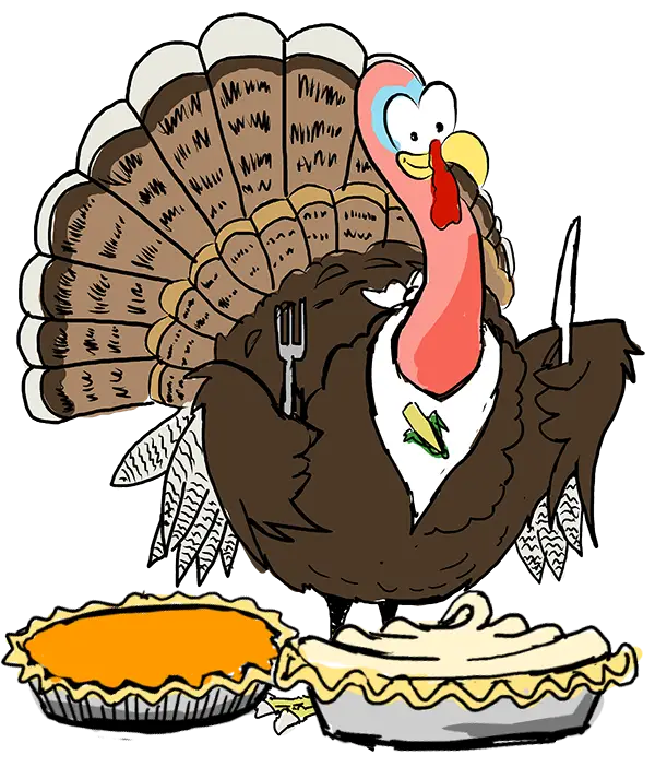 Cartoon Turkey with Pies for Thanksgiving