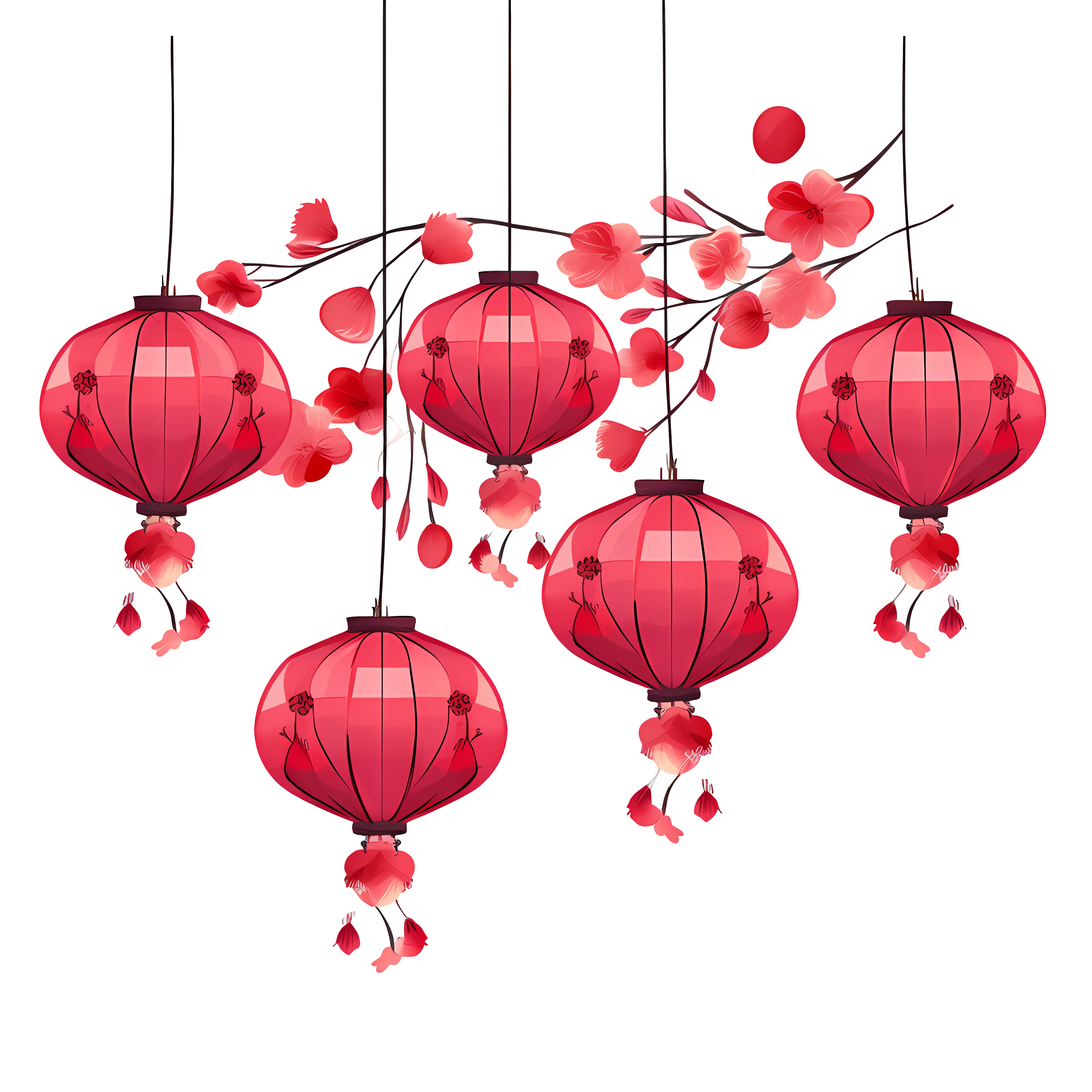 Red Chinese Lanterns with Flower Decoration