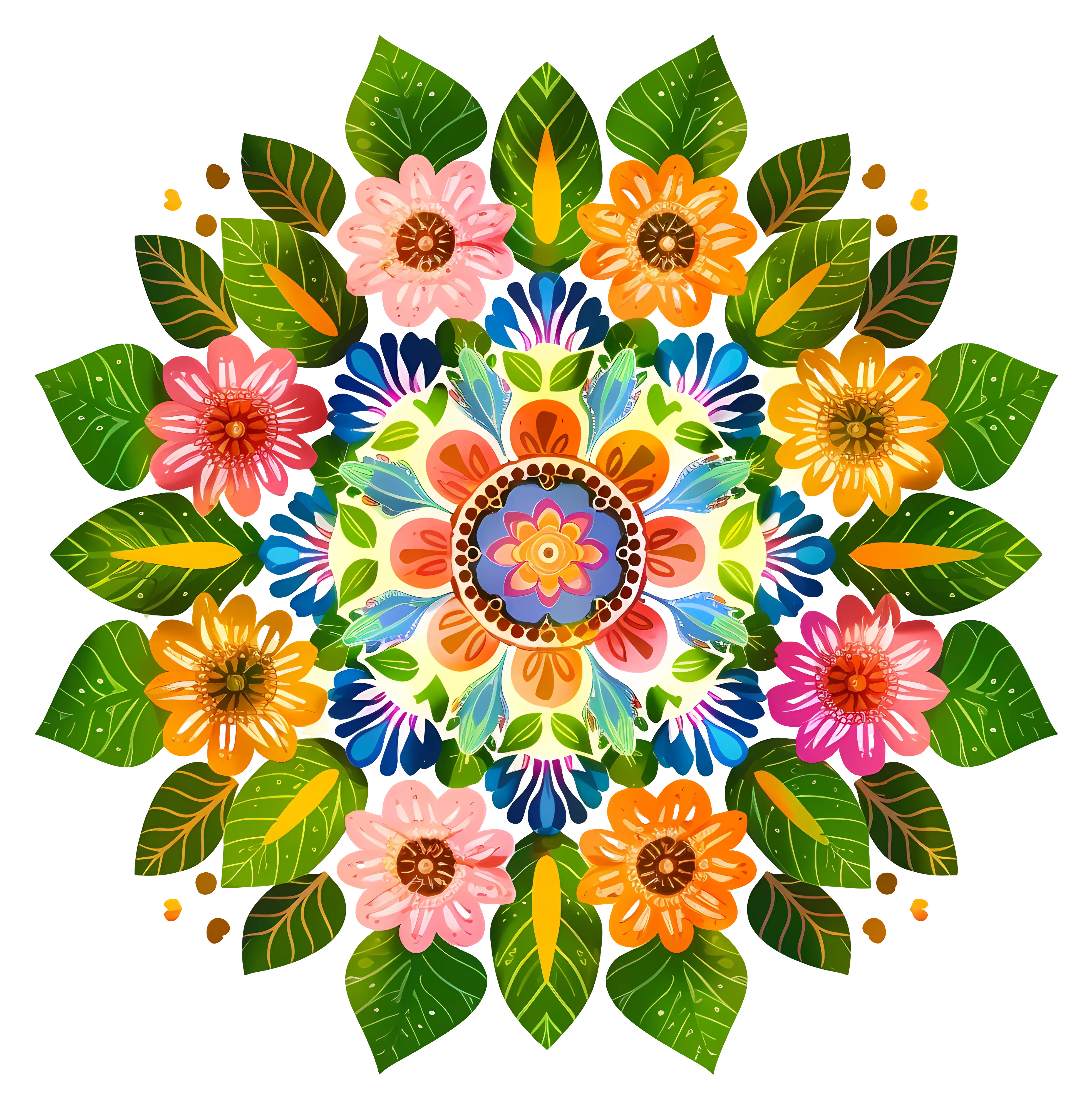 Colorful Floral Mandala with Leaves