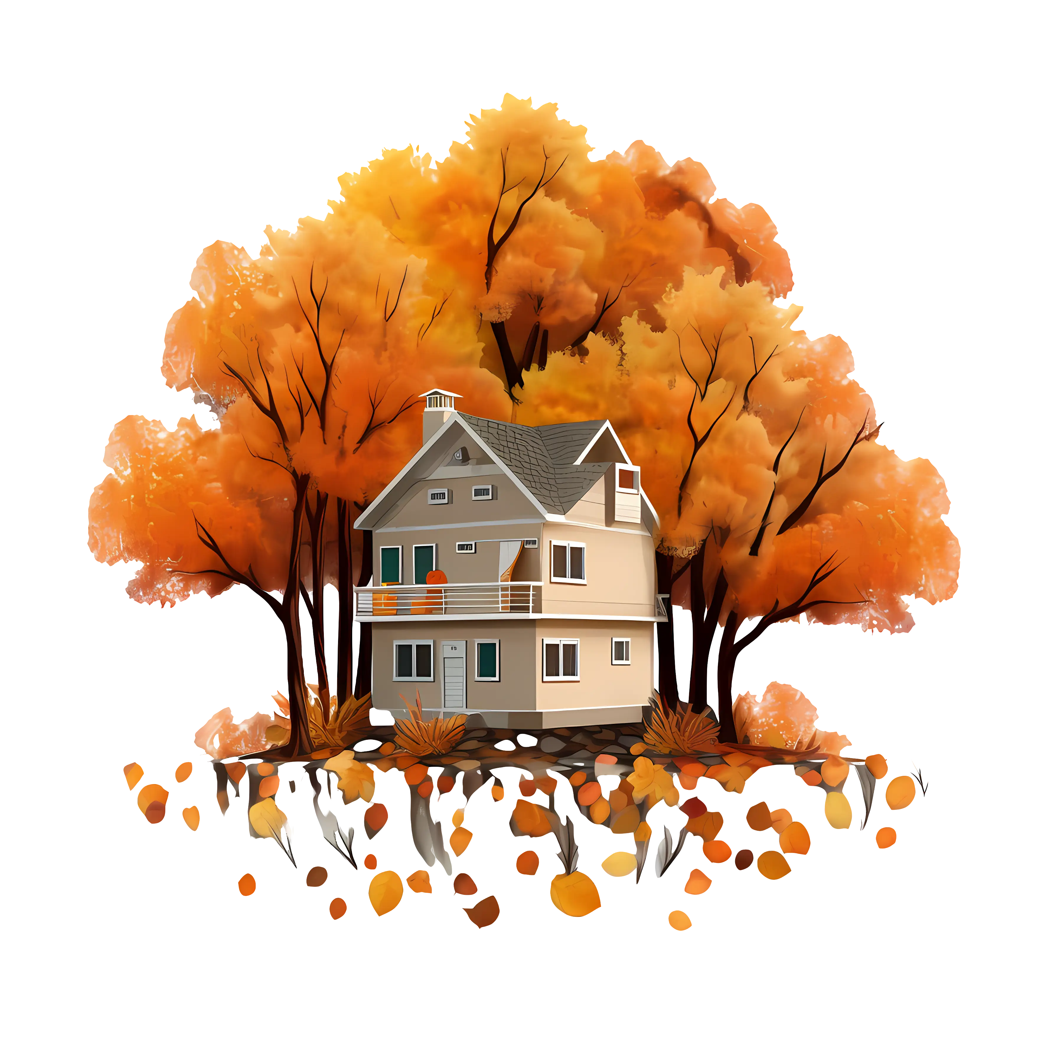 House in Autumn Scenery with Golden Trees