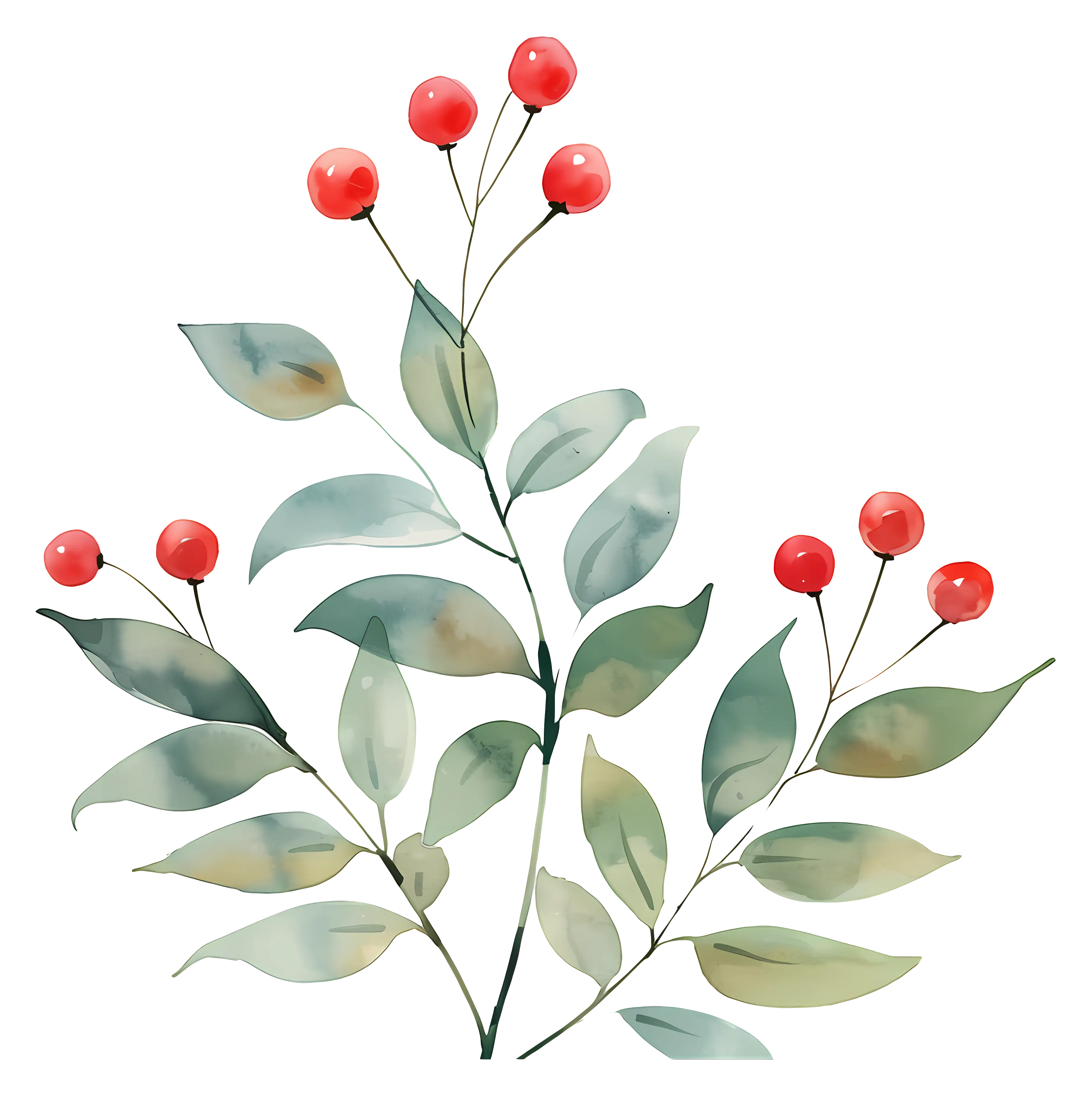 Watercolor Botanical Design with Red Berries and Green Leaves