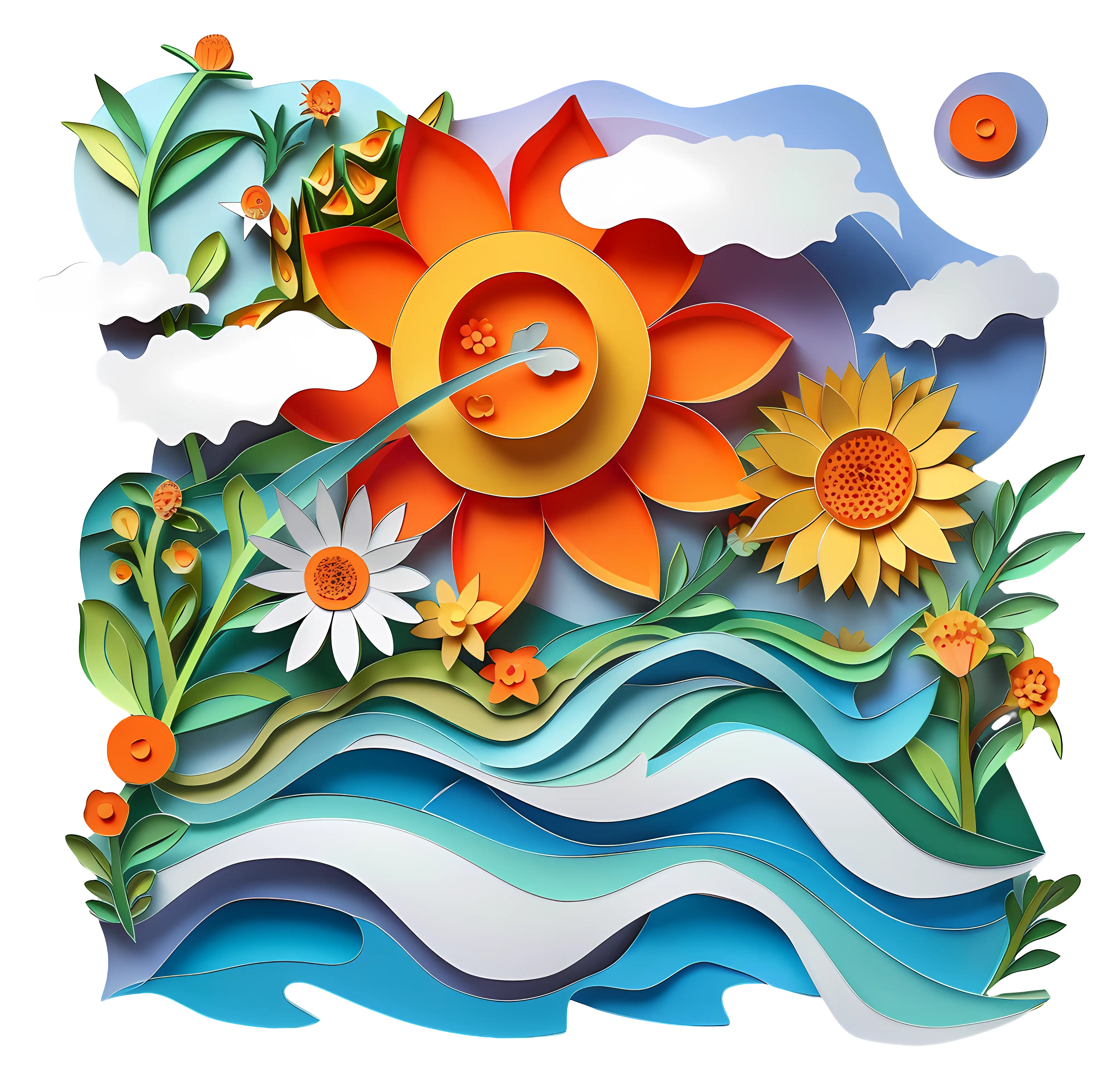 Colorful Flowers and Sun Artwork