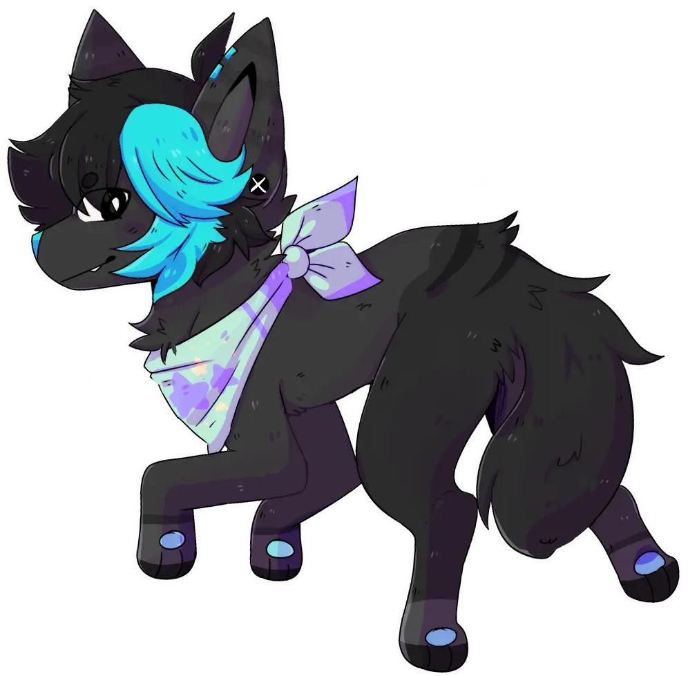 Cartoon Black Dog with Teal Hair and Patterned Scarf