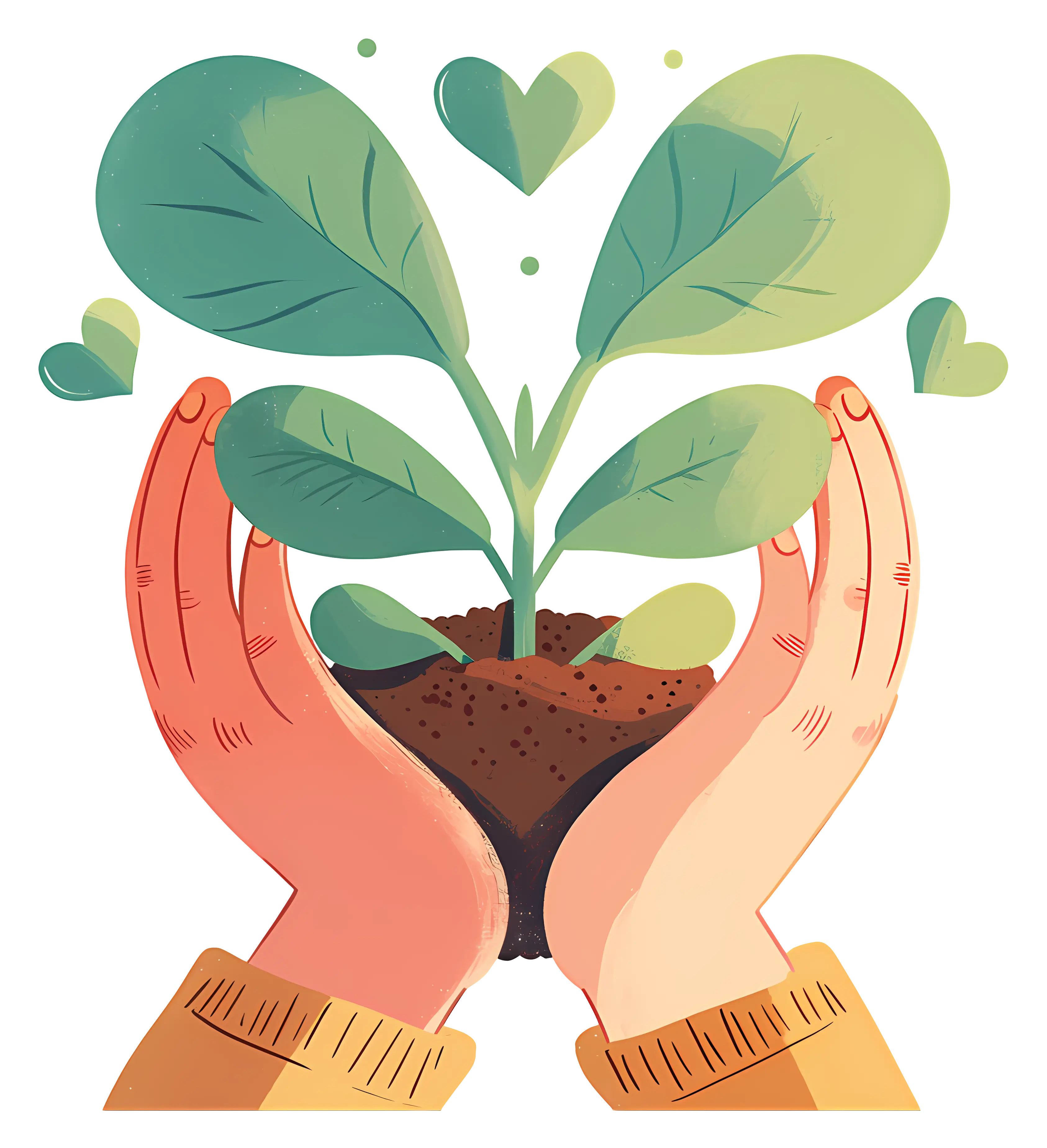 Hands Holding Plant with Hearts Illustration
